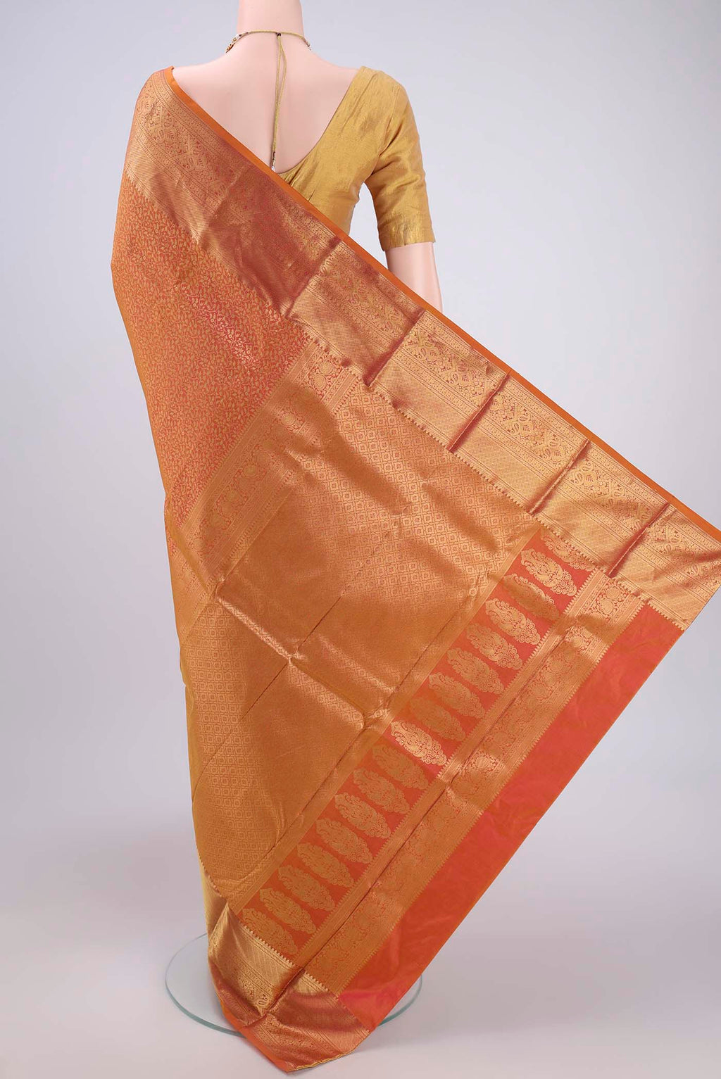Flat view of Mustard Dual Tone Bangalore Silk Saree with Zari Brocade on the body and Zari Border. 