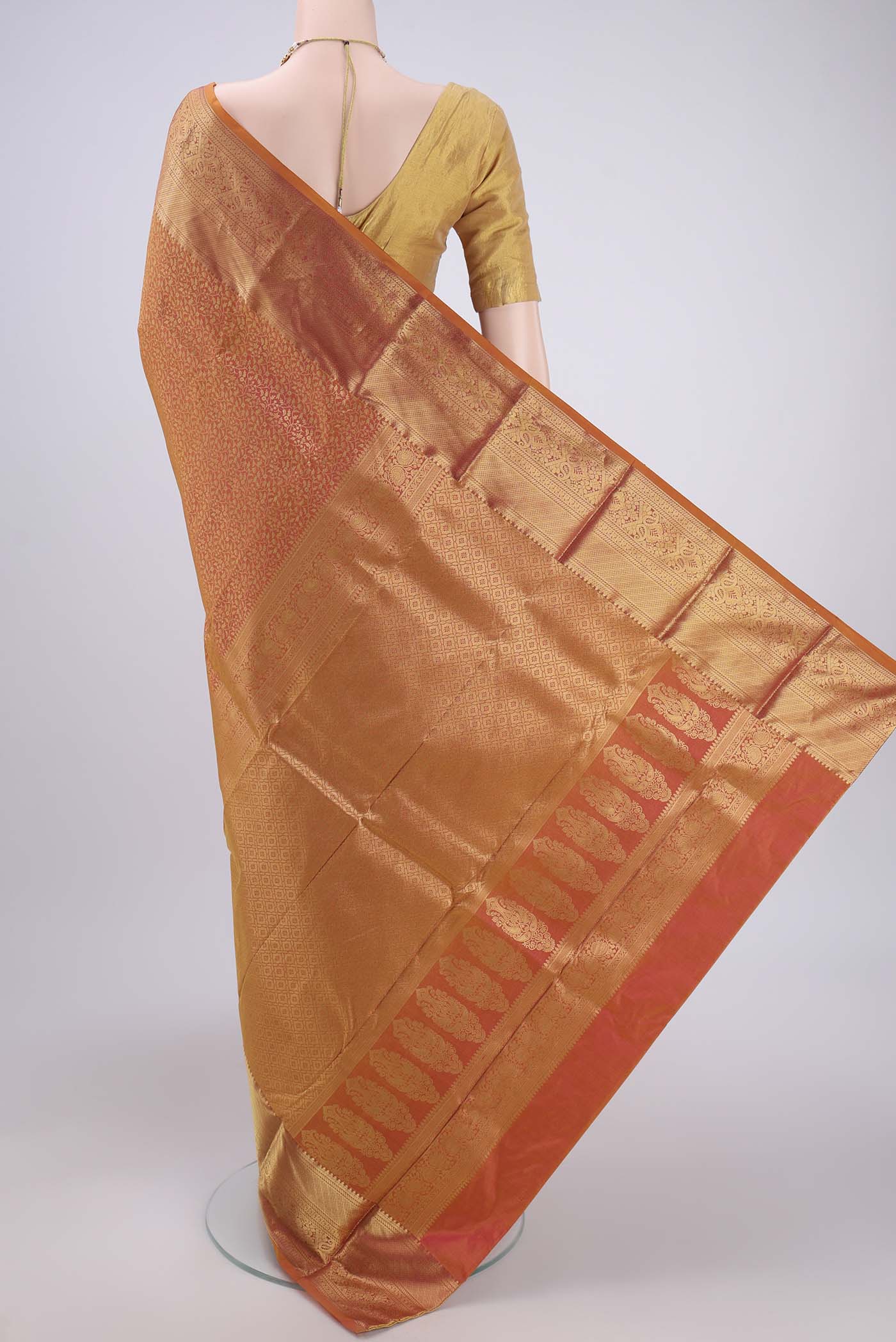 Flat view of Mustard Dual Tone Bangalore Silk Saree with Zari Brocade on the body and Zari Border. 