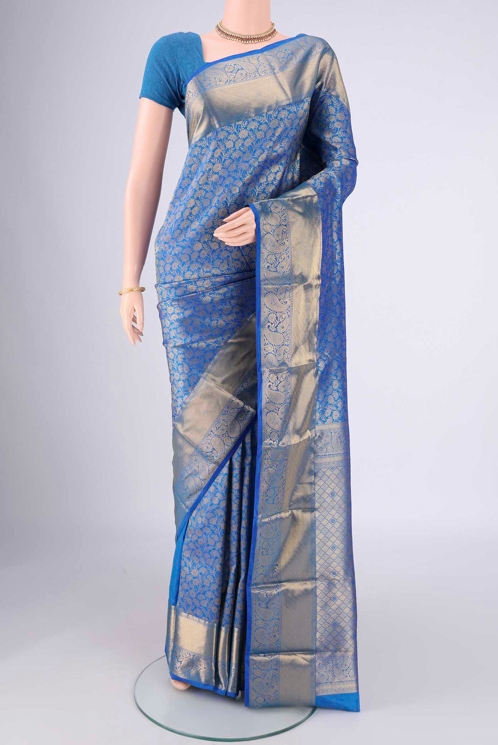 Blue Bangalore Silk Saree with Zari Brocade on the body and Zari Border.  displayed on a mannequin