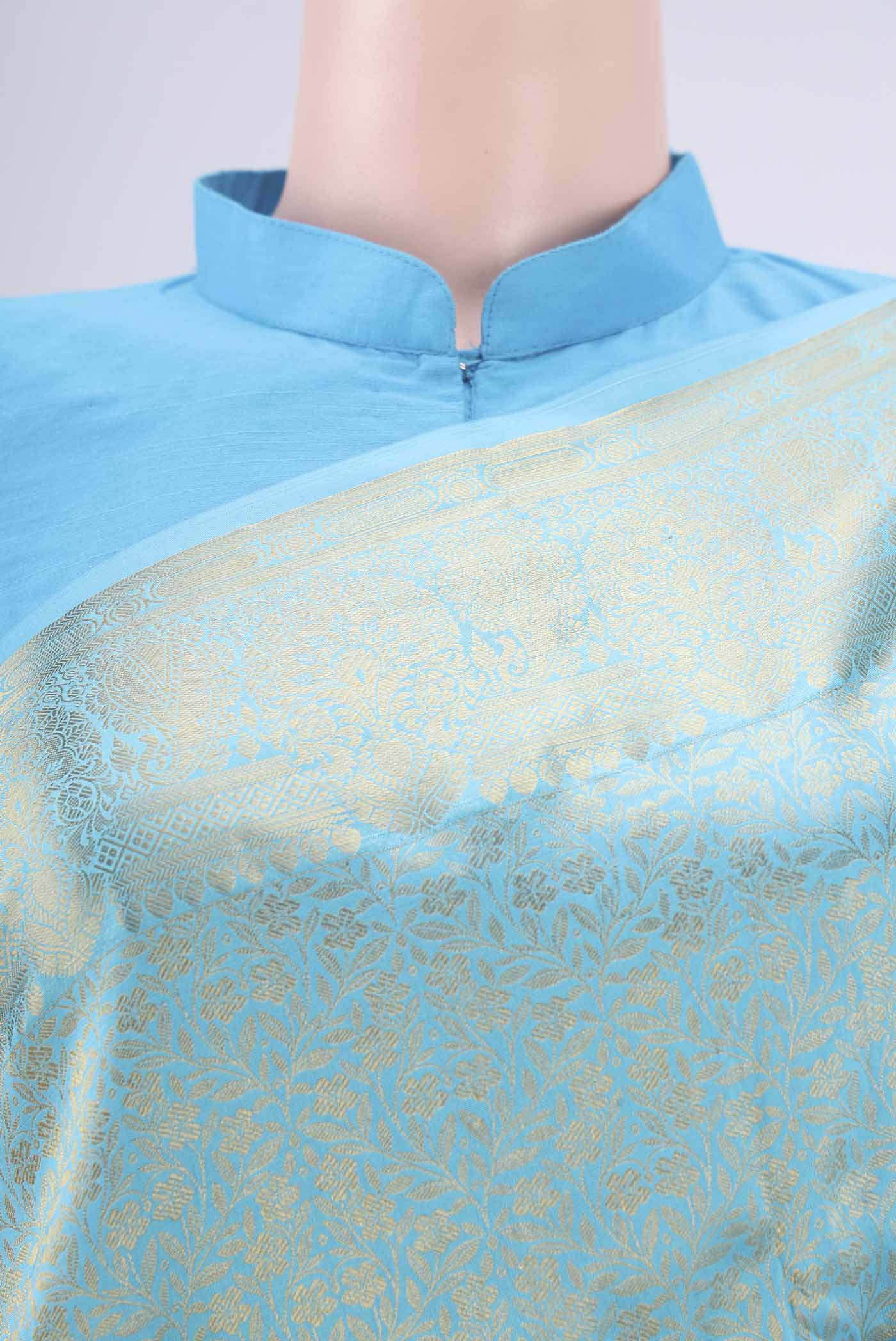 Border image of Sky Blue Bangalore Silk Saree with Zari Brocade on the body and Zari Border. 