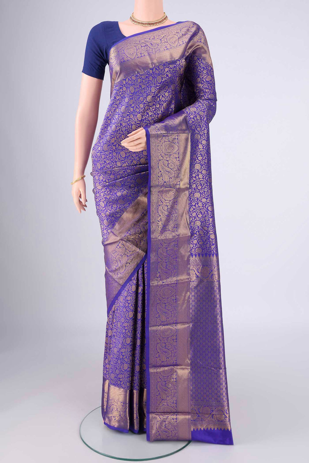 Royal Blue Bangalore Silk Saree with Zari Brocade on the body and Zari Border.  displayed on a mannequin