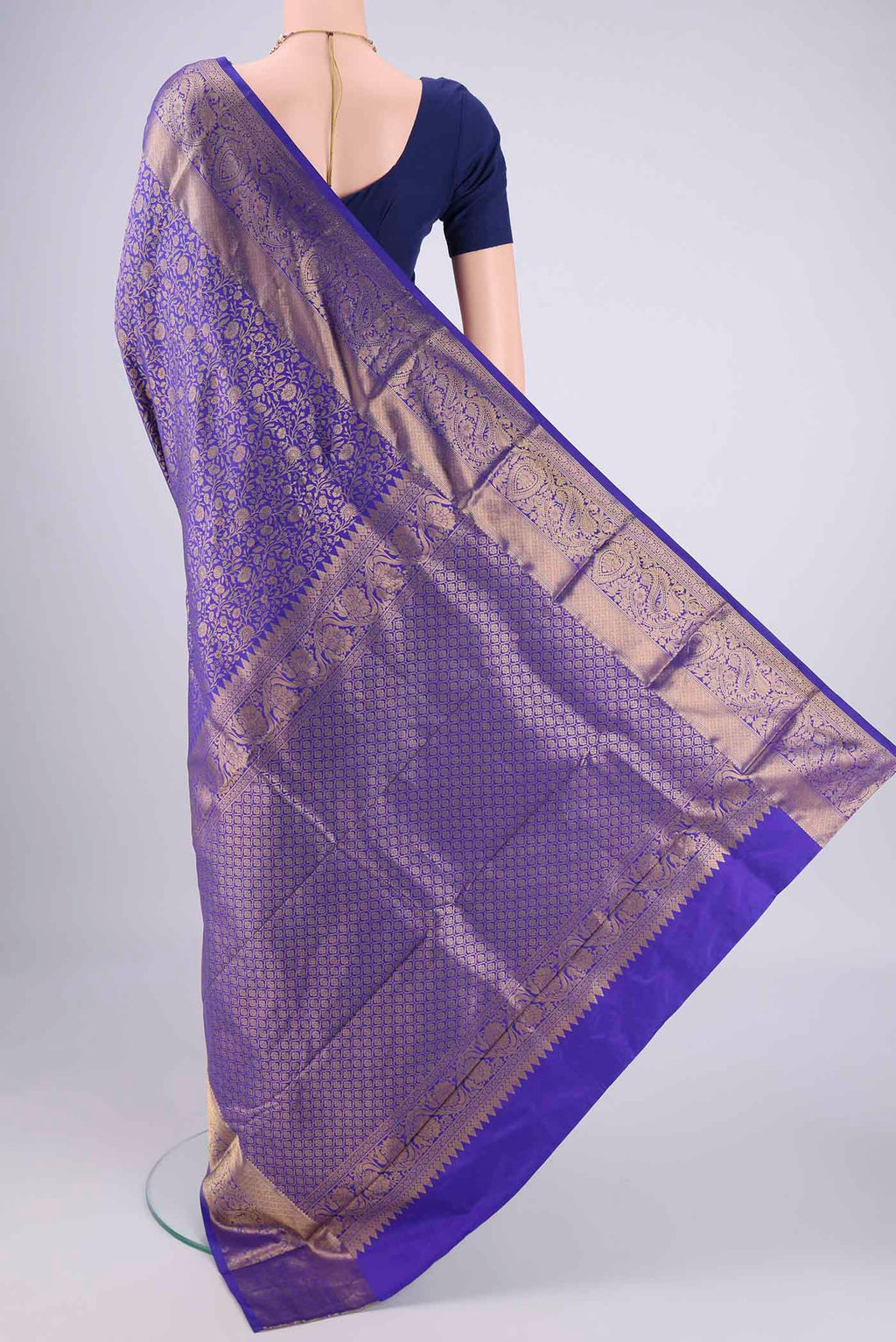 Flat view of Royal Blue Bangalore Silk Saree with Zari Brocade on the body and Zari Border. 