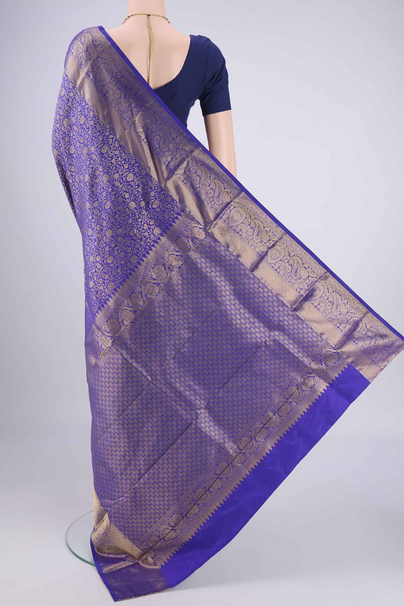 Flat view of Royal Blue Bangalore Silk Saree with Zari Brocade on the body and Zari Border. 