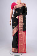Black Dual Tone Soft Silk Saree with Zari Brocade on the body and Zari Border.  displayed on a mannequin