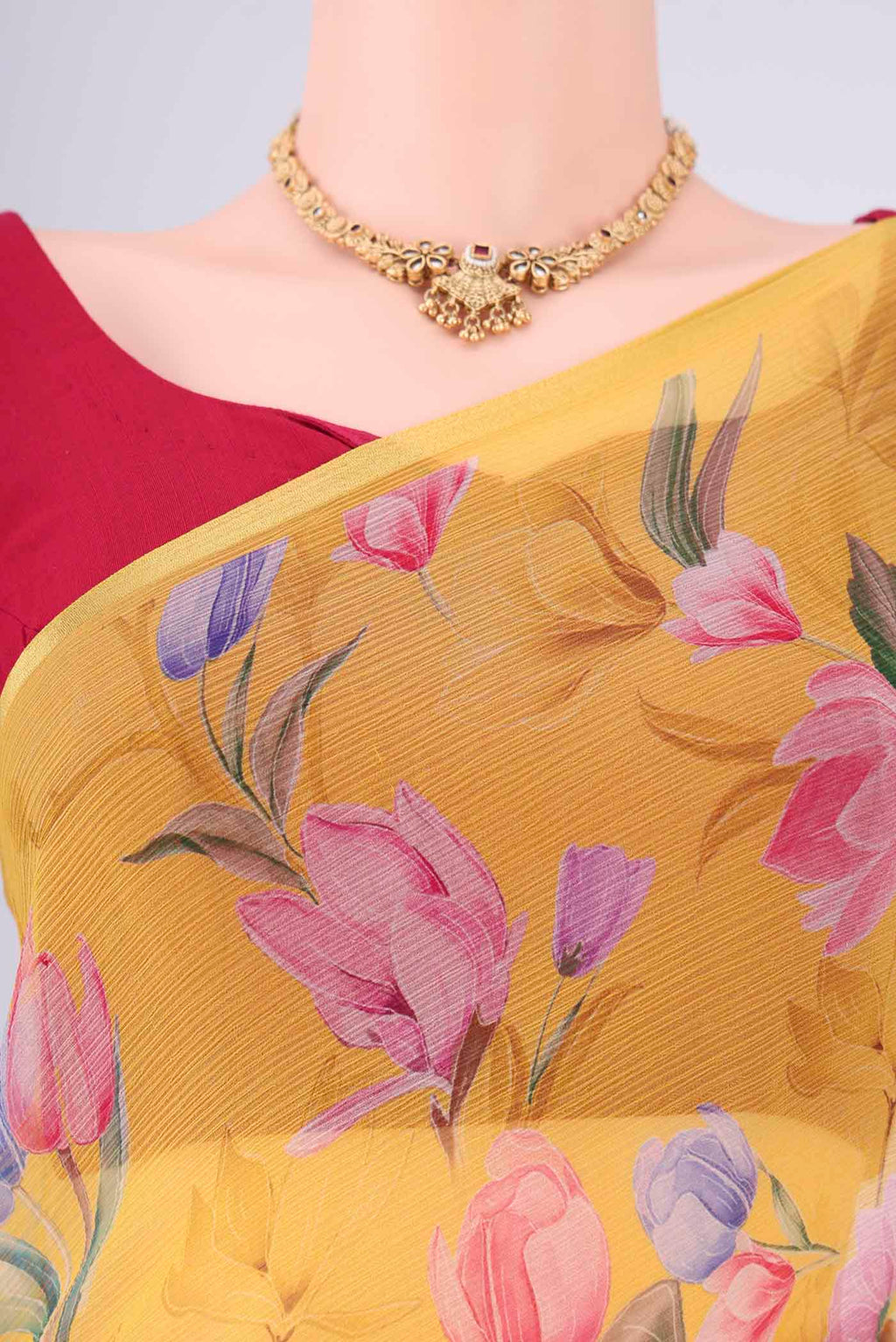Border image of Yellow Mysore Chiffon Saree with Floral Print on the body and Thin Zari Line. 