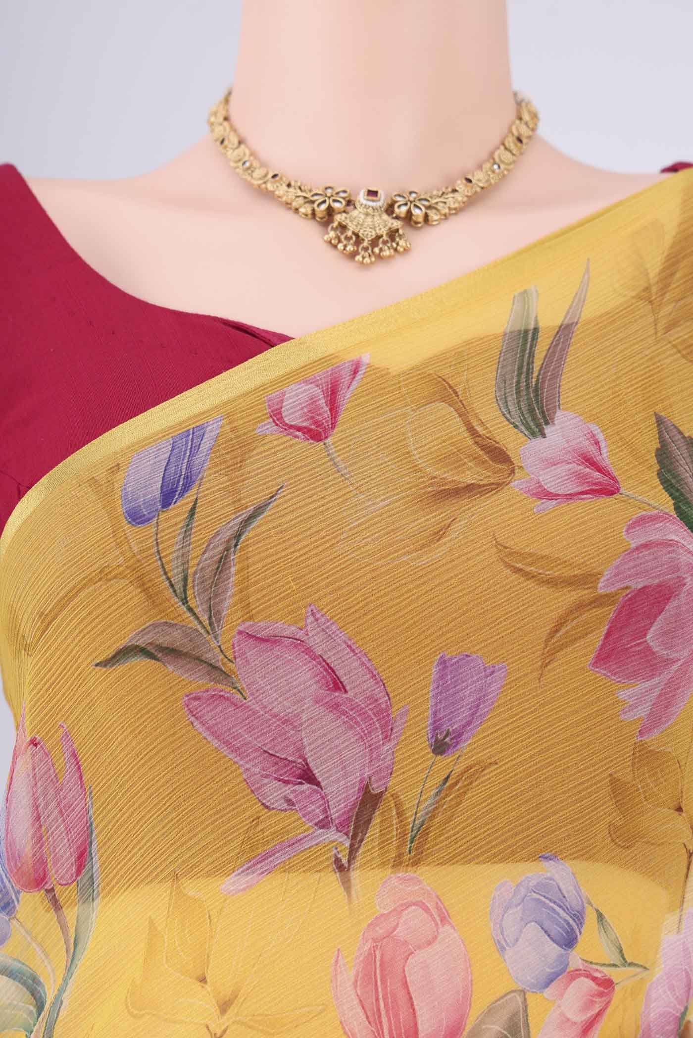 Border image of Yellow Mysore Chiffon Saree with Floral Print on the body and Thin Zari Line. 