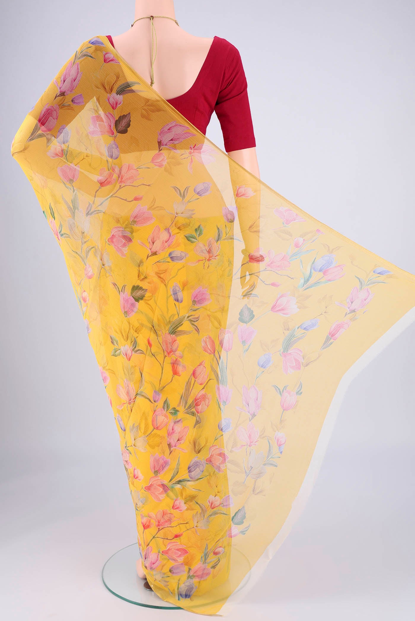 Flat view of Yellow Mysore Chiffon Saree with Floral Print on the body and Thin Zari Line. 