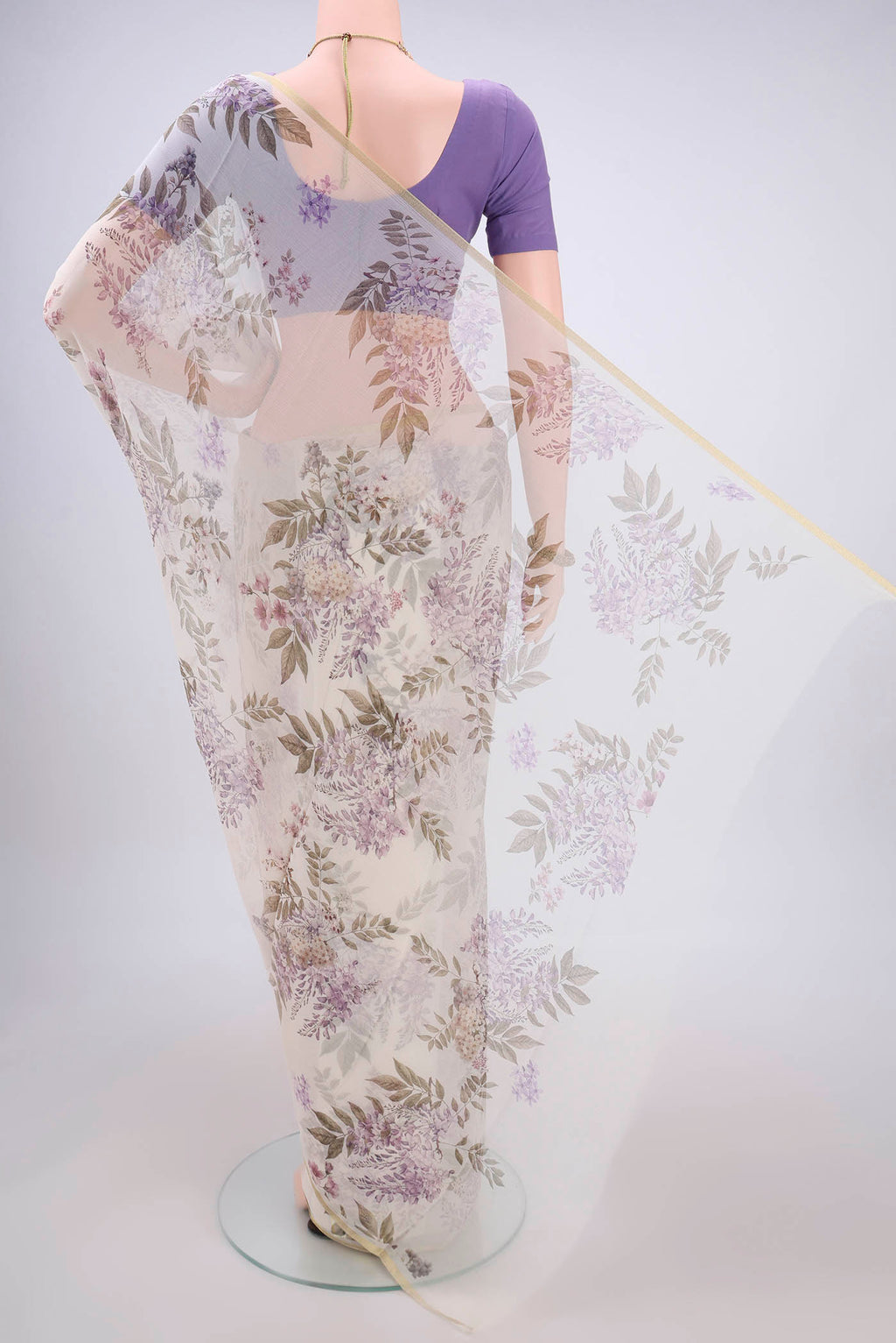 Flat view of White Mysore Chiffon Saree with Floral Print on the body and Thin Zari Line. 