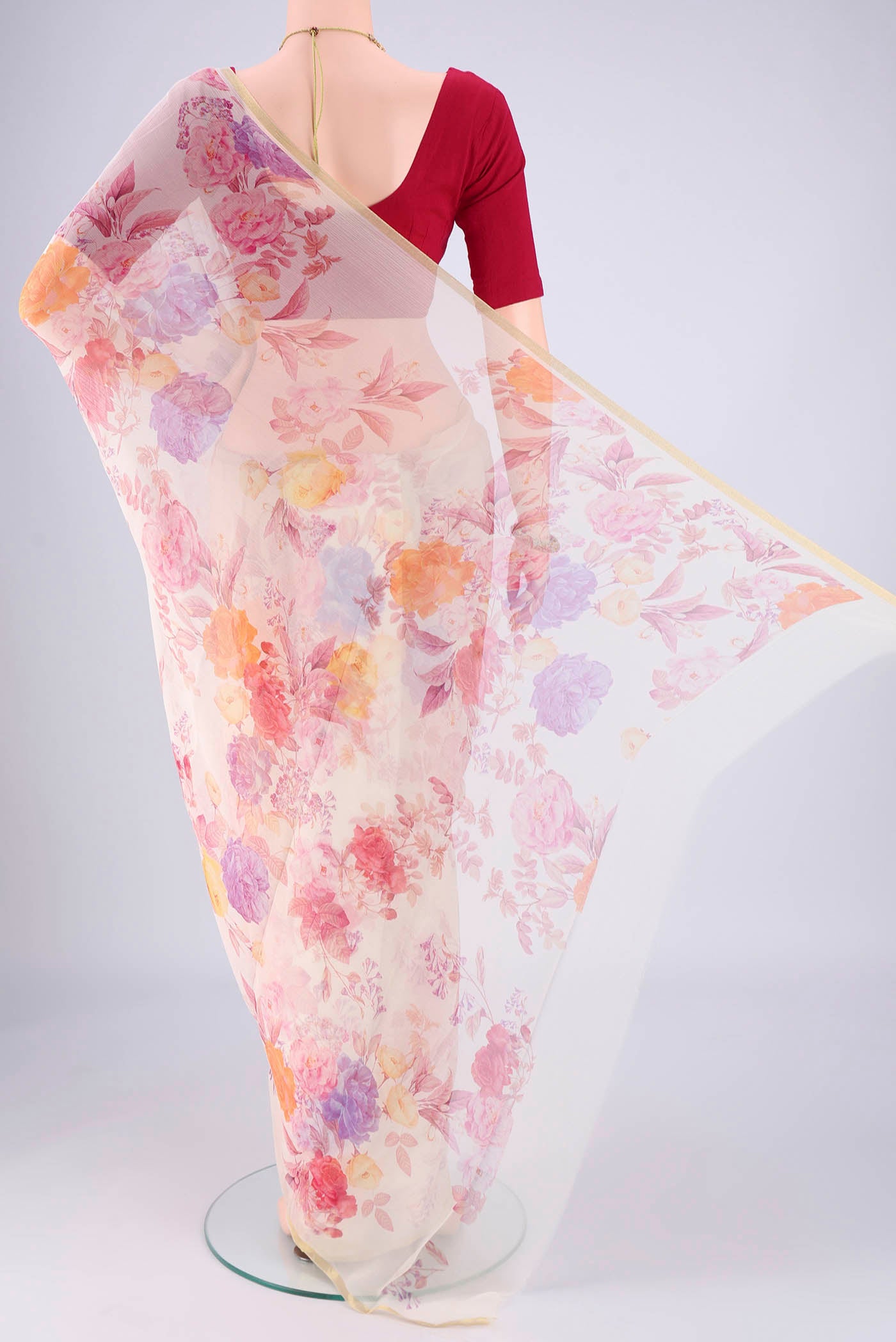 Flat view of Off White Mysore Chiffon Saree with Floral Print on the body and Thin Zari Line. 