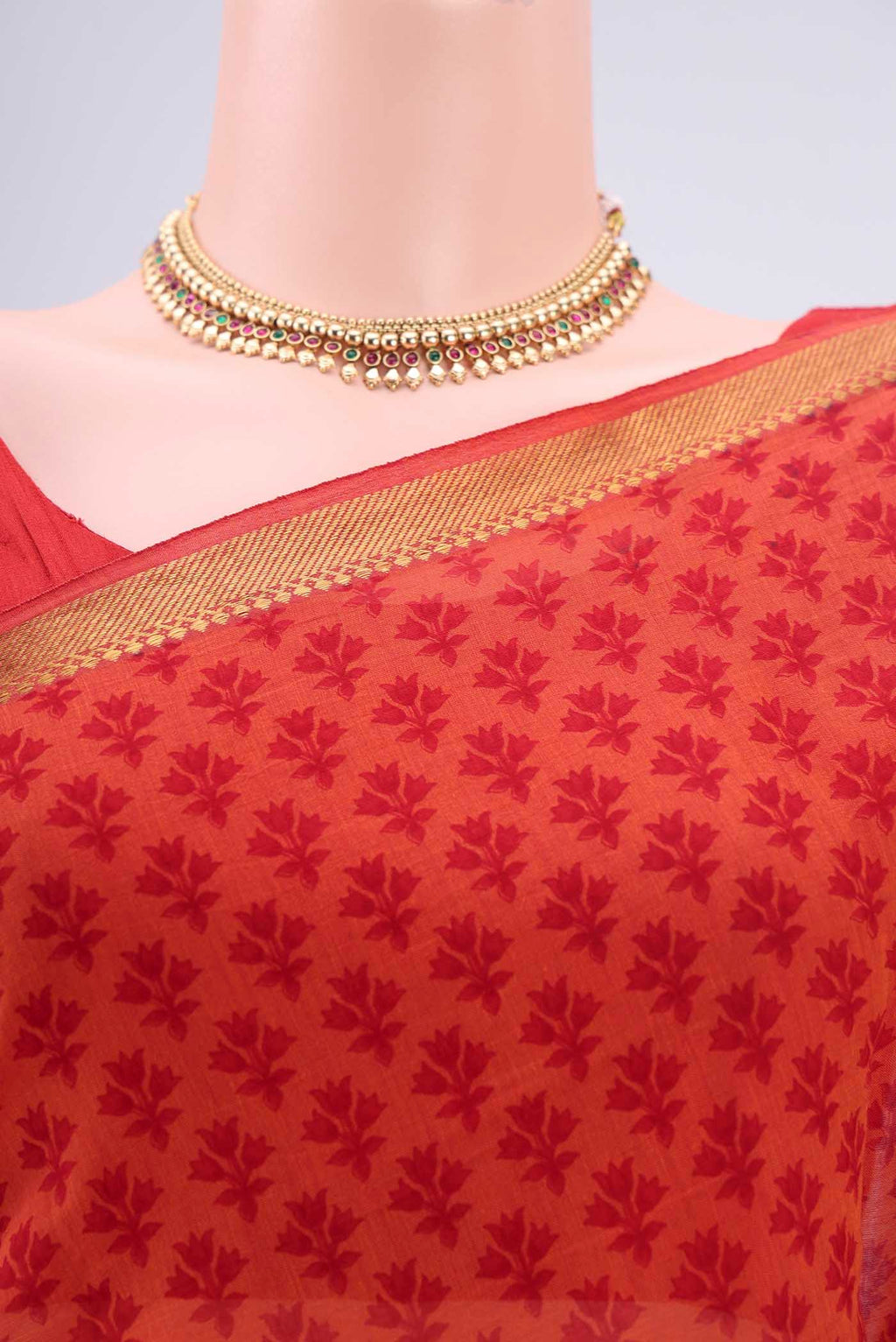 Border image of Saffron Mangalagiri Cotton Saree with Printed design on the body and Zari Border. 