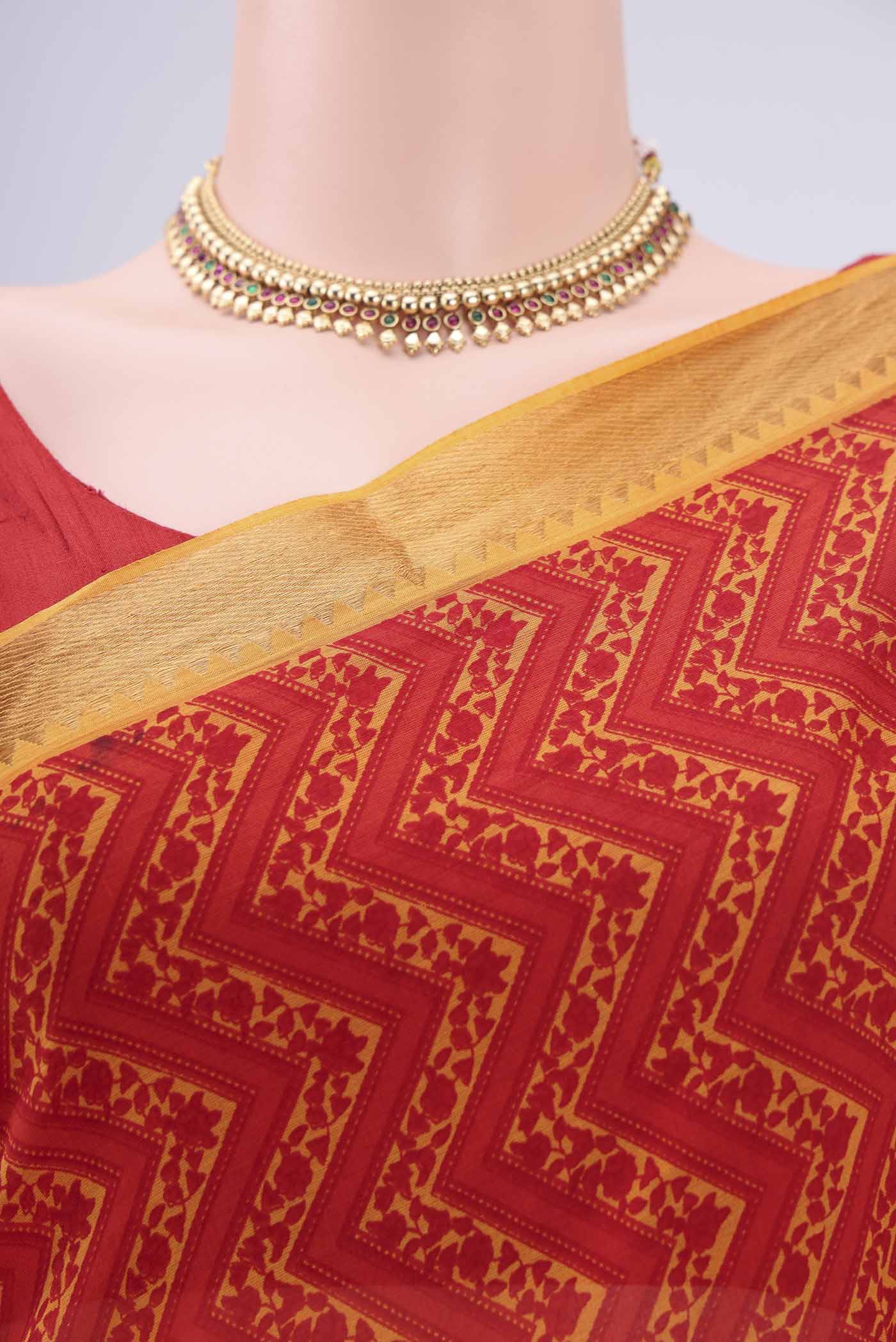 Border image of Red Mangalagiri Cotton Saree with Printed design on the body and Zari Border. 