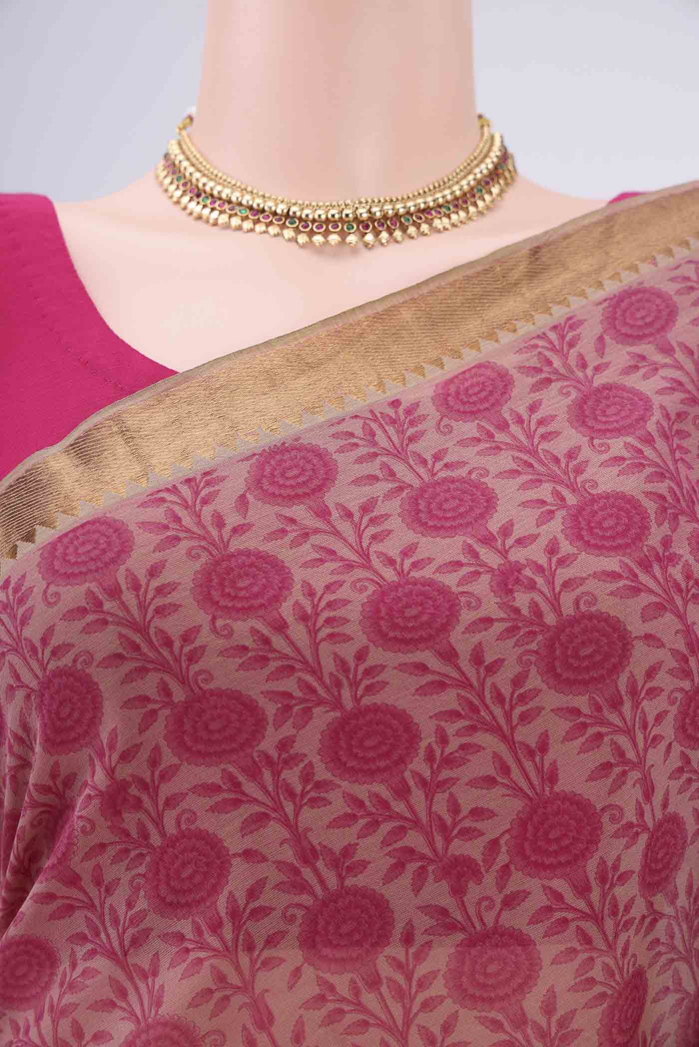 Border image of Pink Mangalagiri Cotton Saree with Printed design on the body and Zari Border. 