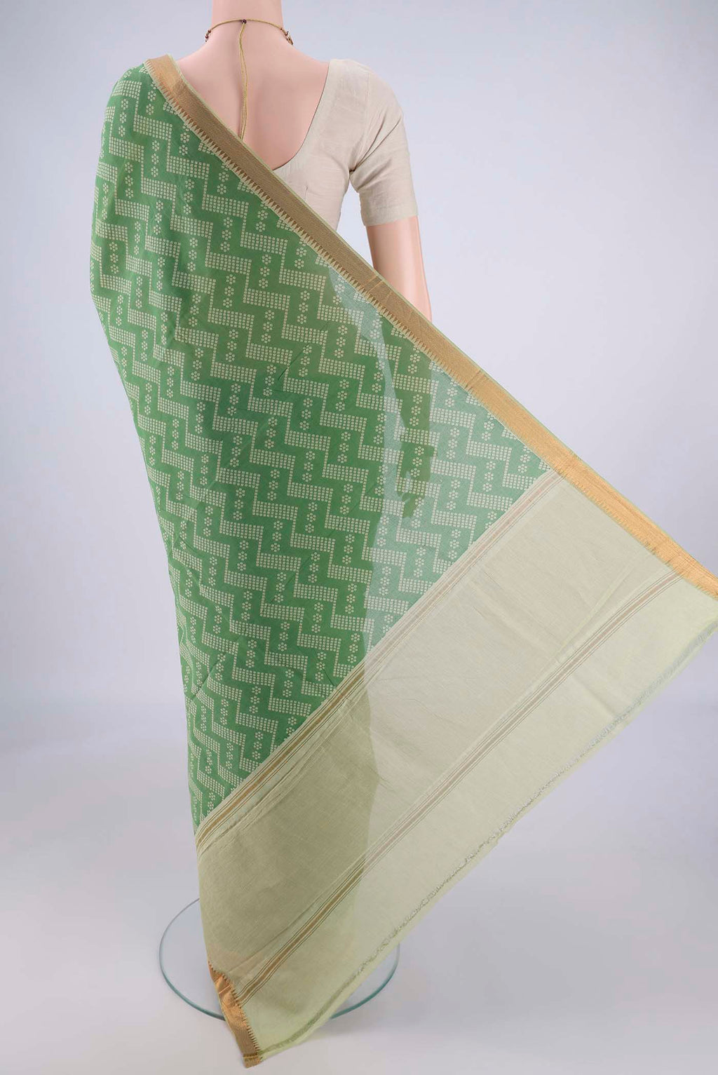 Flat view of Olive Green Mangalagiri Cotton Saree with Printed design on the body and Zari Border. 