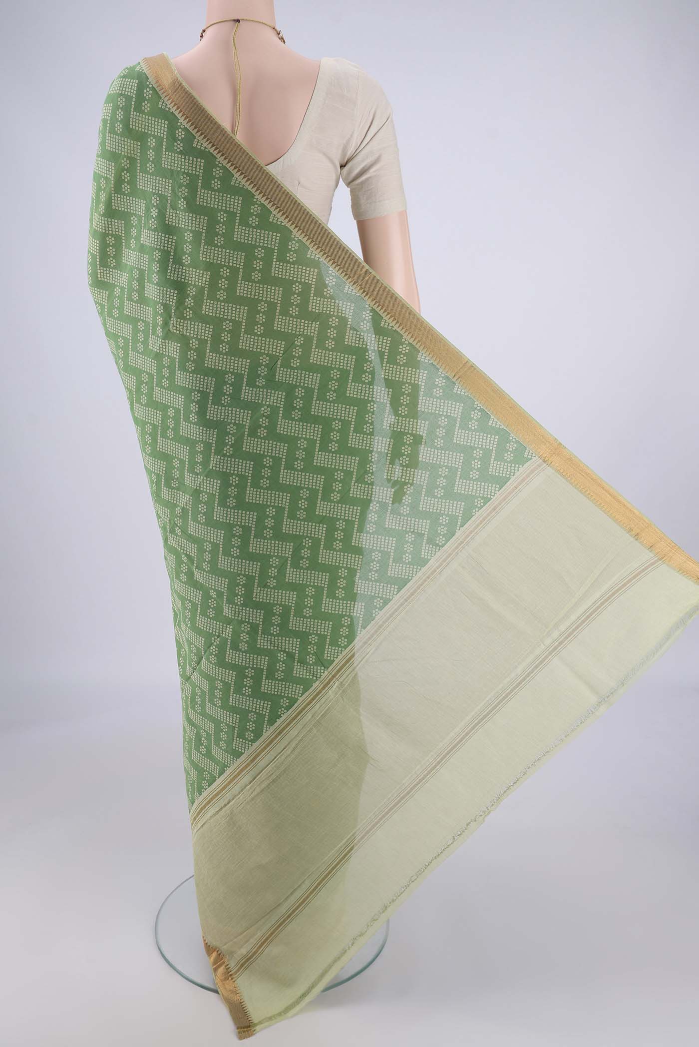 Flat view of Olive Green Mangalagiri Cotton Saree with Printed design on the body and Zari Border. 