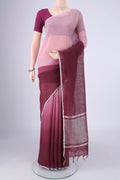 Mauve Linen Saree with Plain Body and Zari Border.  displayed on a mannequin