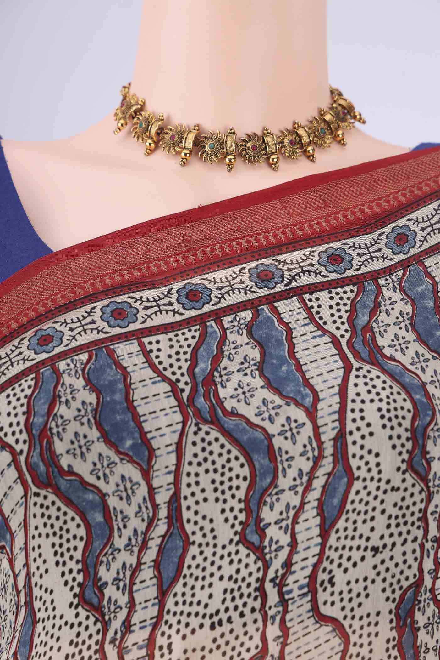 Border image of Beige Chanderi Silk Cotton Saree with Ajrakh Print on the body and Zari Border. 
