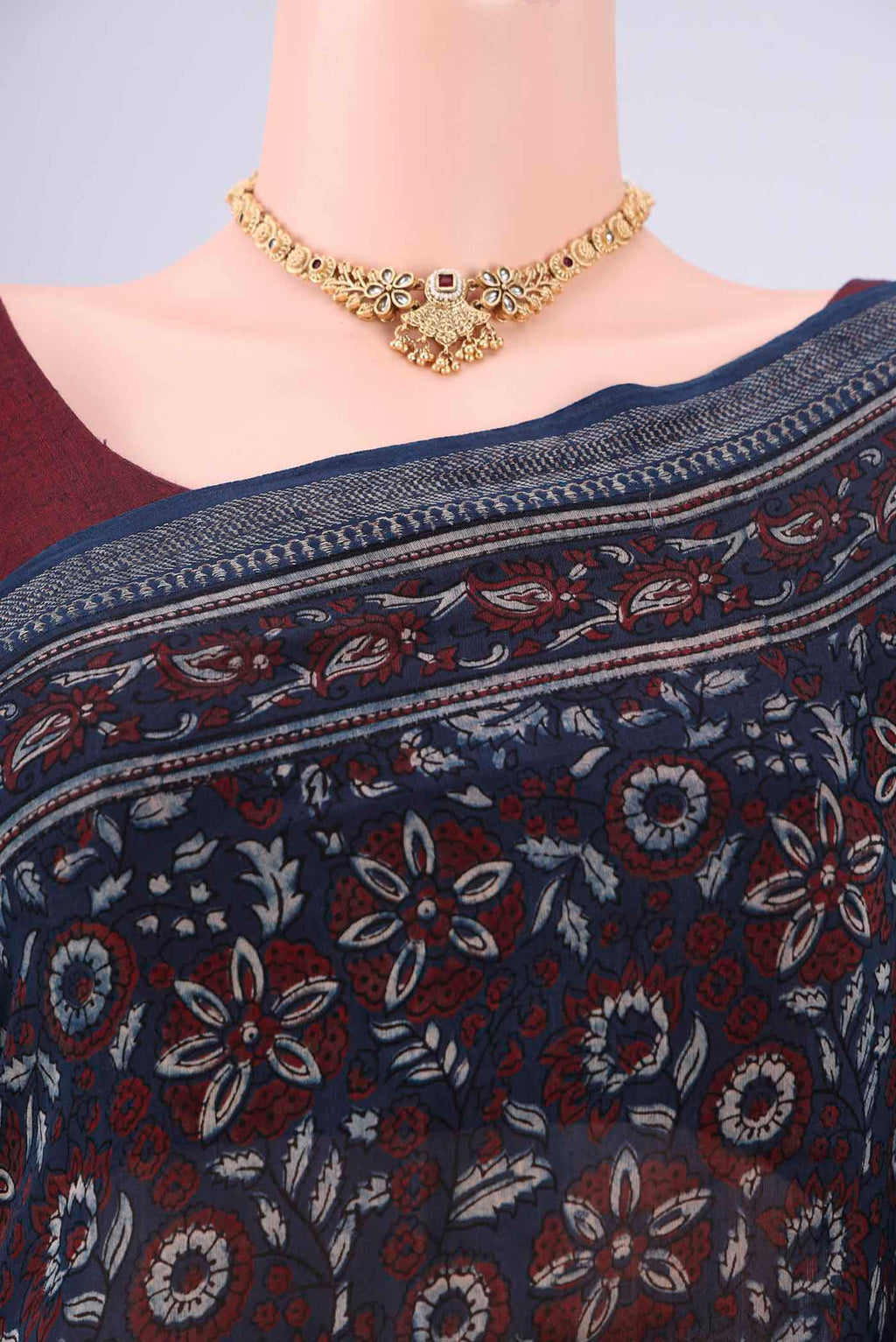 Border image of Navy Blue Chanderi Silk Cotton Saree with Ajrakh Print on the body and Zari Border. 