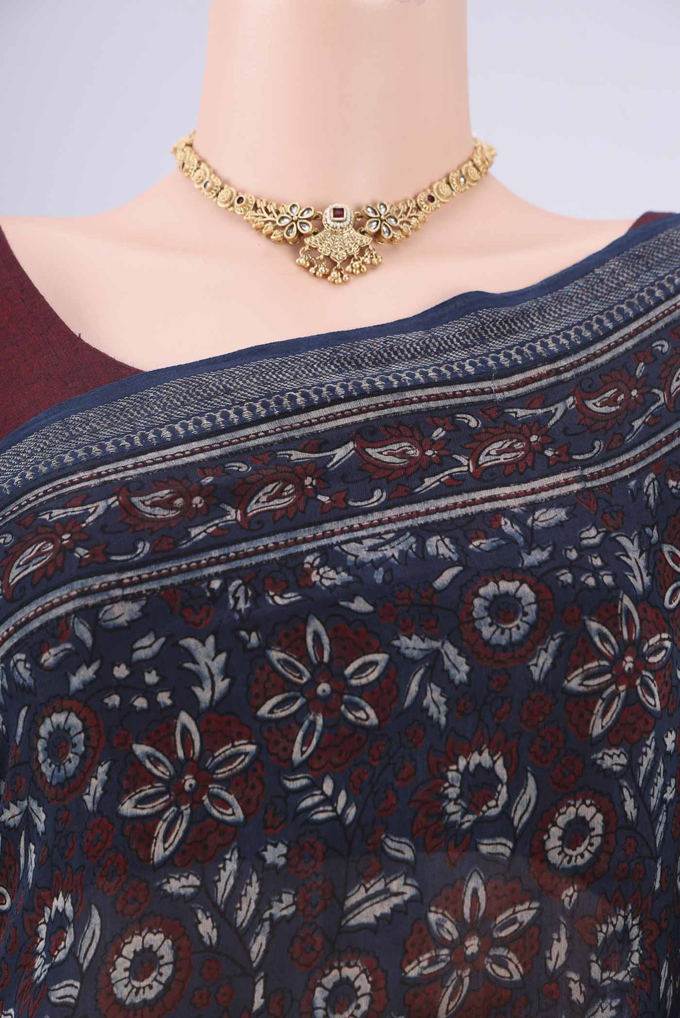 Border image of Navy Blue Chanderi Silk Cotton Saree with Ajrakh Print on the body and Zari Border. 