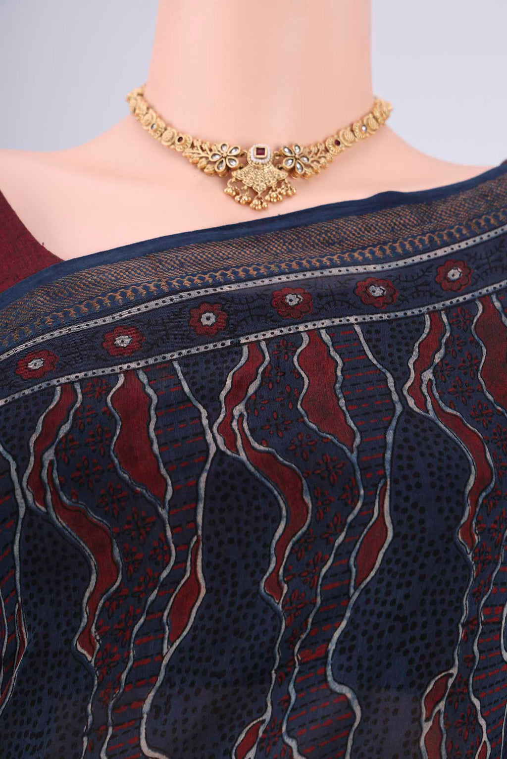 Border image of Navy Blue Chanderi Silk Cotton Saree with Ajrakh Print on the body and Zari Border. 