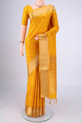 Yellow Soft Silk Saree with Jacquard With Thread Butta on the body and Zari Border.  displayed on a mannequin