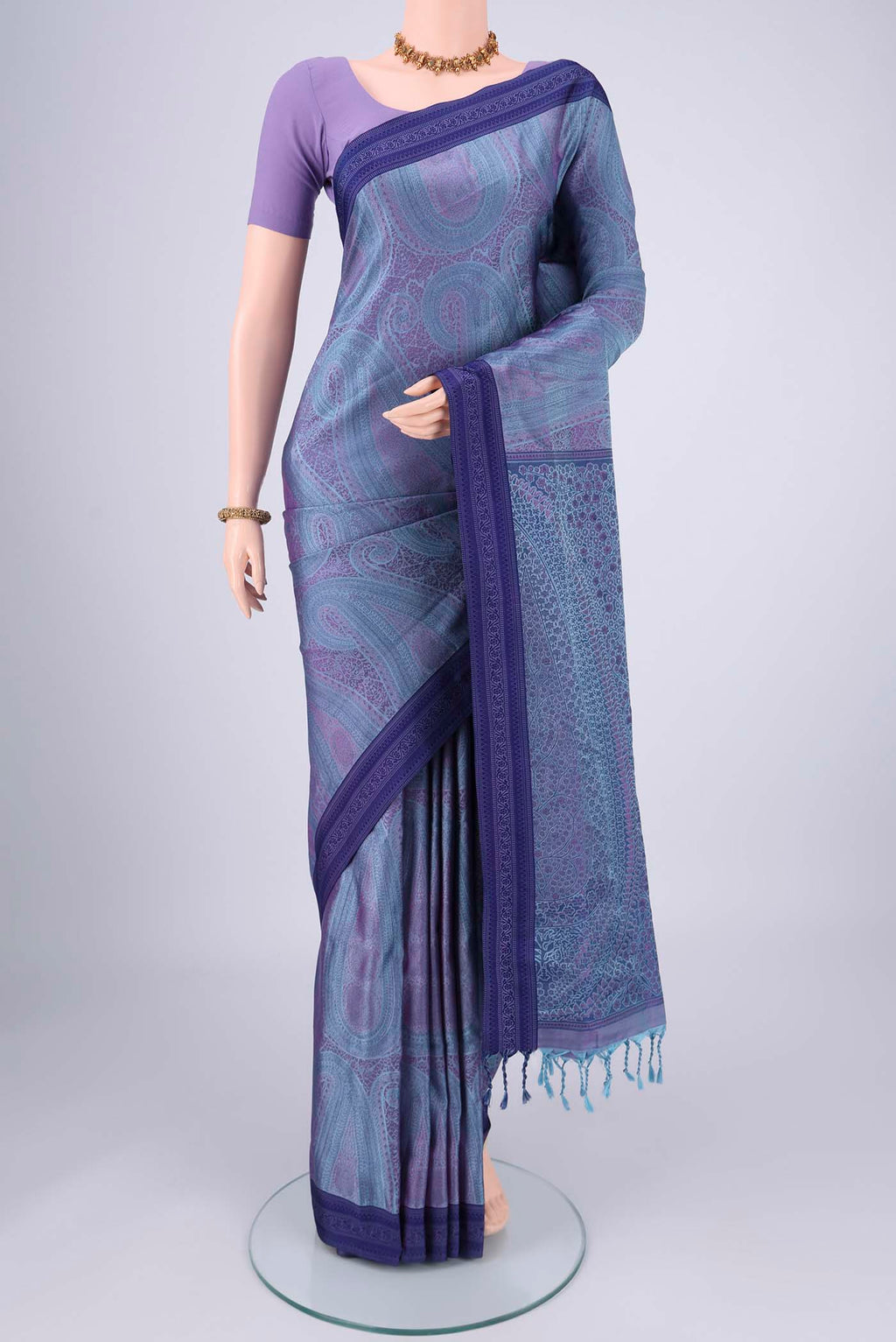 Sky Blue Soft Silk Saree with Jacquard design on the body and Thread Border.  displayed on a mannequin