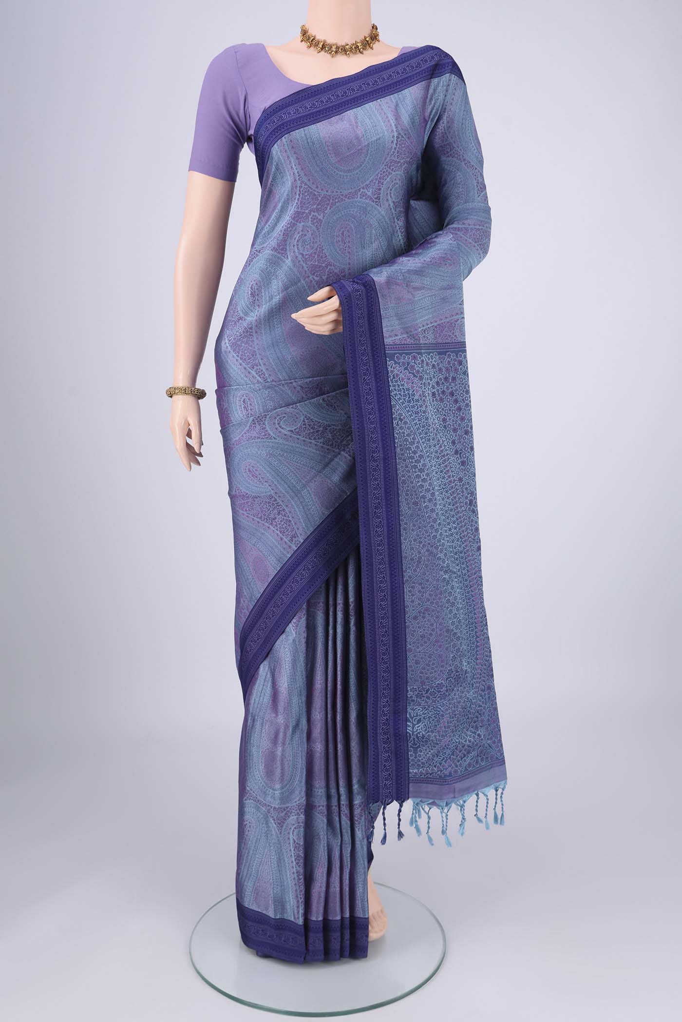 Sky Blue Soft Silk Saree with Jacquard design on the body and Thread Border.  displayed on a mannequin