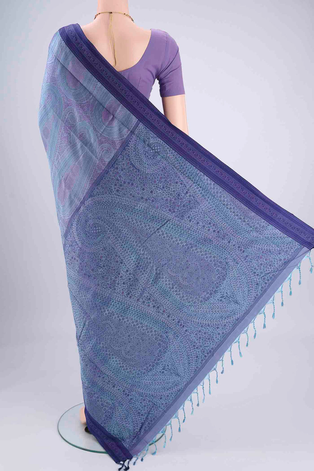Flat view of Sky Blue Soft Silk Saree with Jacquard design on the body and Thread Border. 