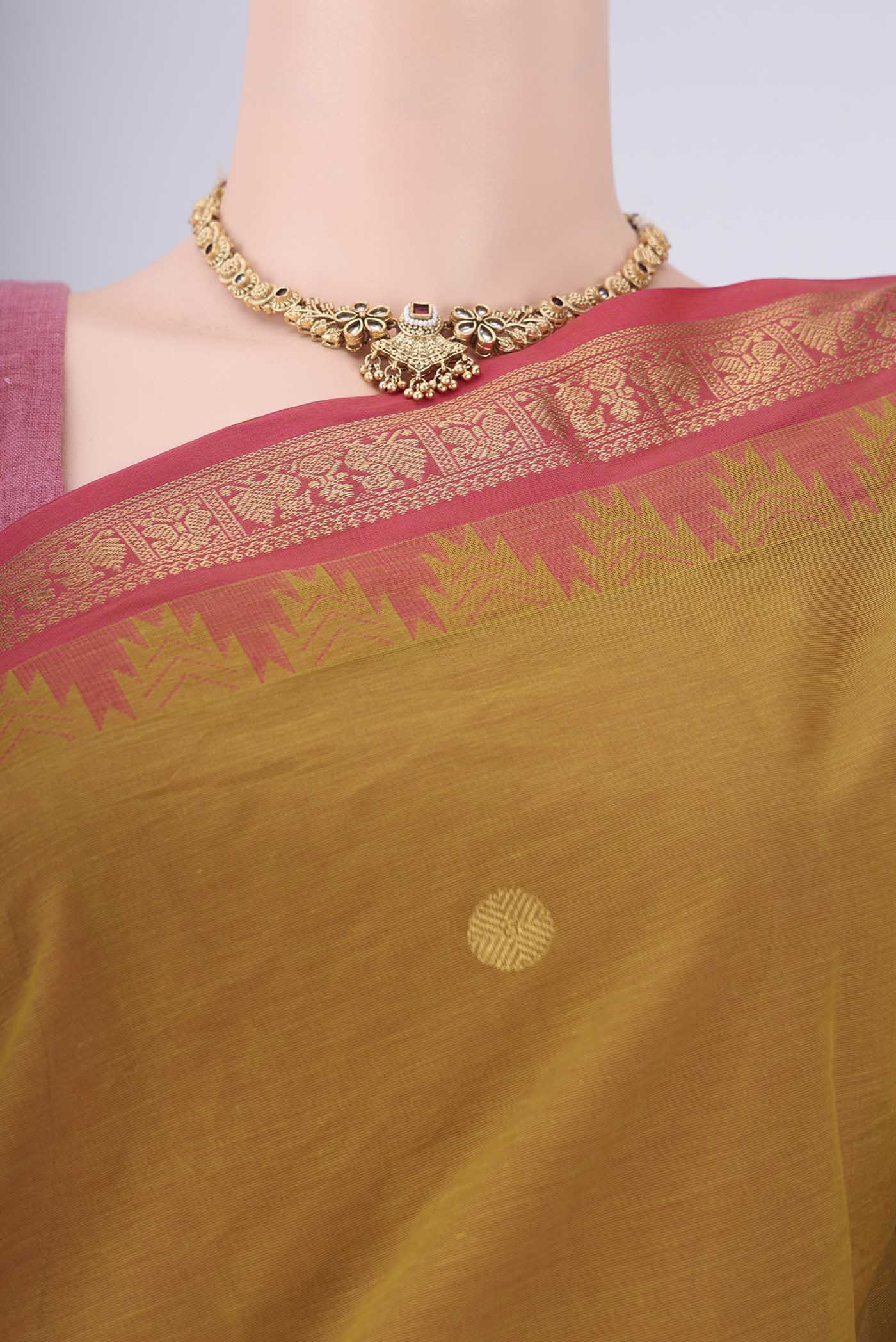 Border image of Mehandi Green Kanchi Cotton Saree with Polka Dots on the body and Temple Border. 