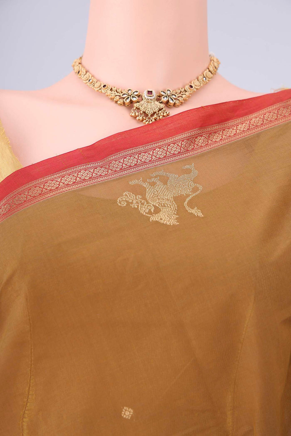 Border image of Mehandi Green Kanchi Cotton Saree with Plain Body and Zari Border. 