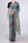 Davys Grey Kanchi Cotton Saree with Zari Butta on the body and Zari Border.  displayed on a mannequin