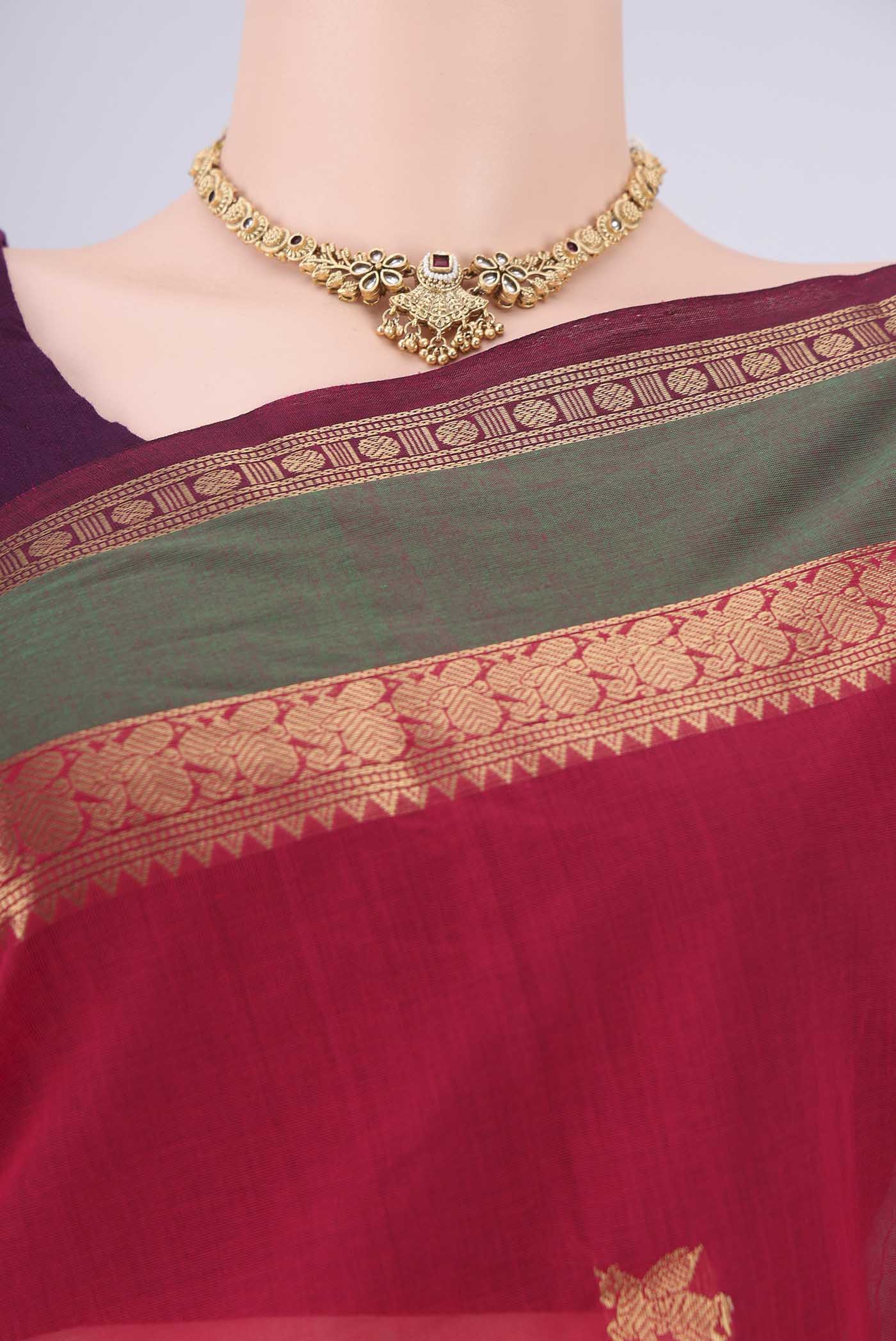 Border image of Red Kanchi Cotton Saree with Plain Body and Zari Border. 