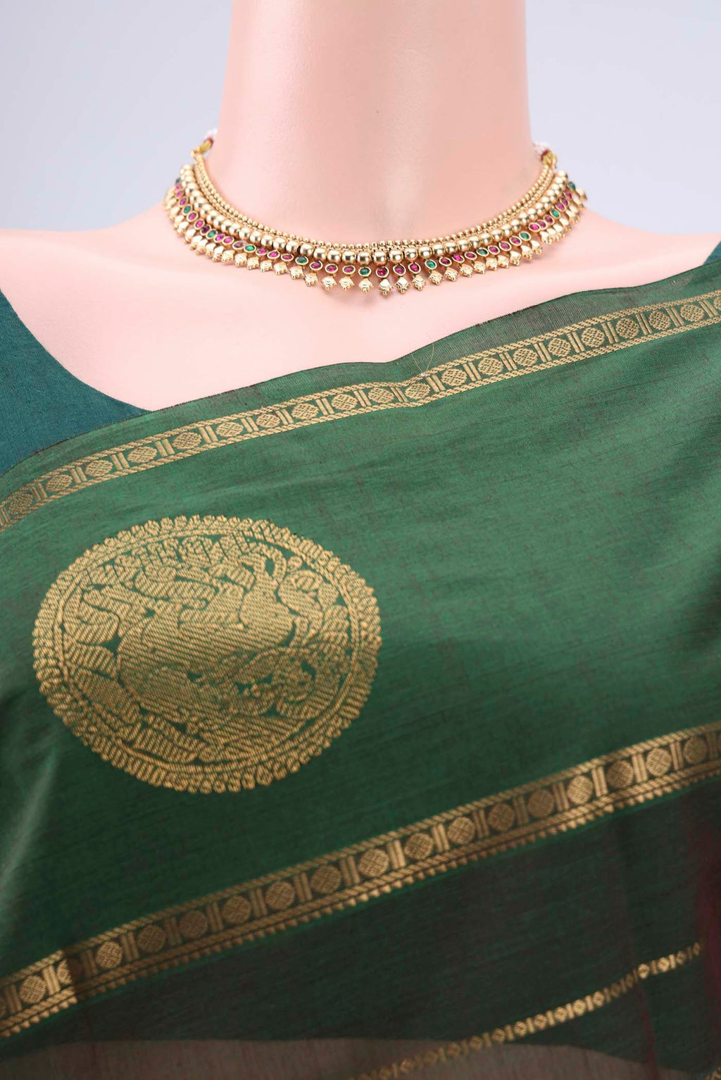 Border image of Bottle Green Kanchi Cotton Saree with Stripes on the body and Zari Border. 