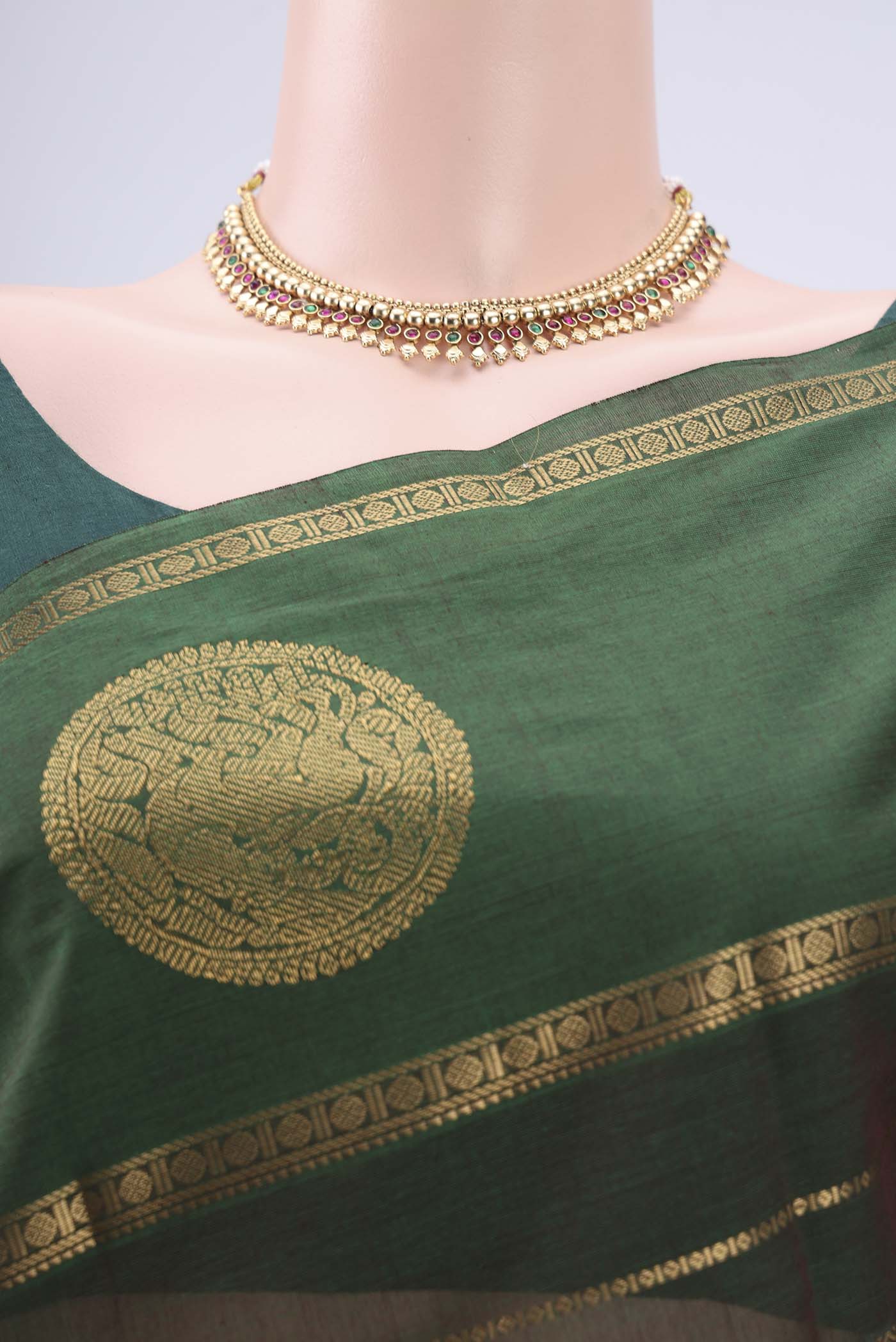 Border image of Bottle Green Kanchi Cotton Saree with Stripes on the body and Zari Border. 