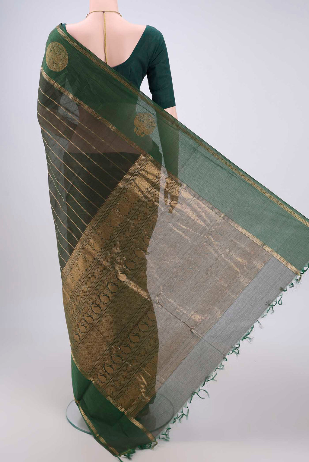 Flat view of Bottle Green Kanchi Cotton Saree with Stripes on the body and Zari Border. 
