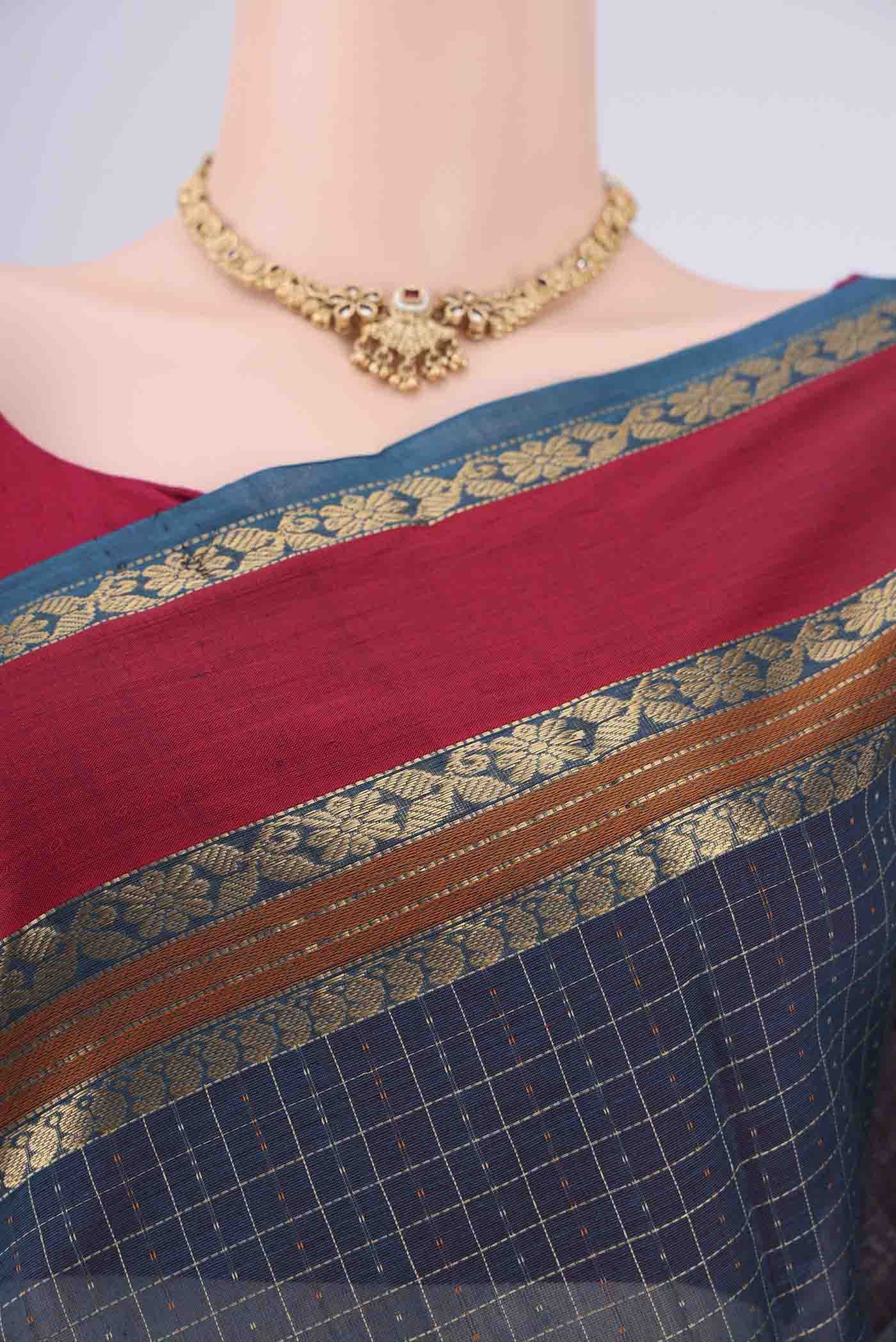 Border image of Grey Kanchi Cotton Saree with Plain Body and Zari Border. 