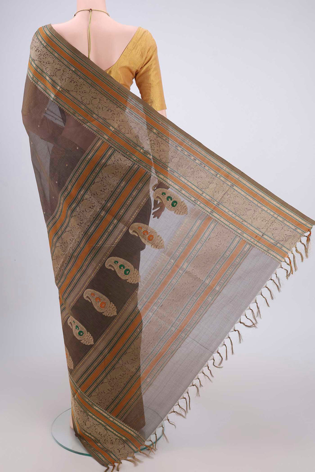 Flat view of Davys Grey Kanjivaram Saree with Zari Butta on the body and Zari Border. 