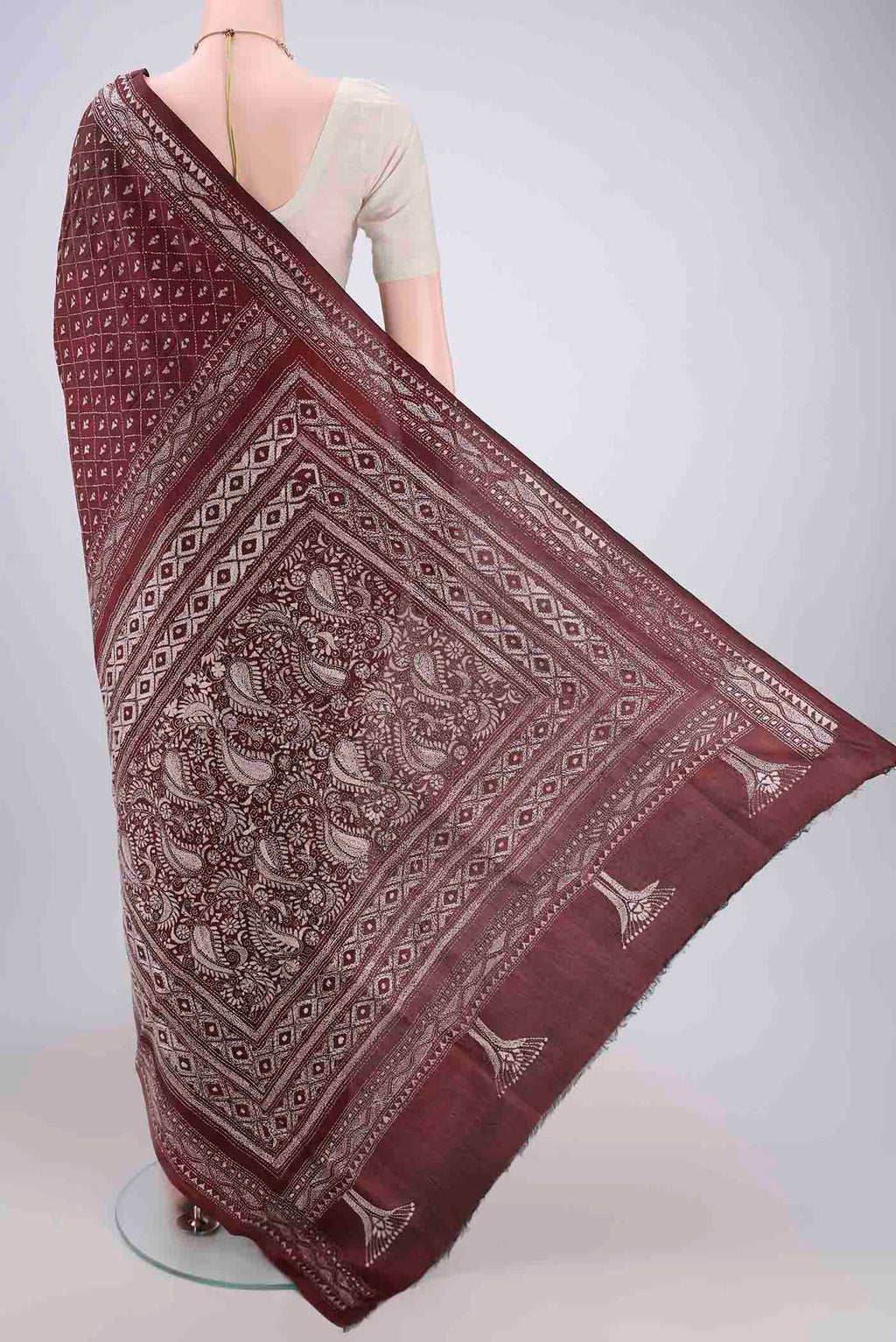 Flat view of Coffee Brown Kantha Silk Saree with Kantha Work on the body and Thread Border. 