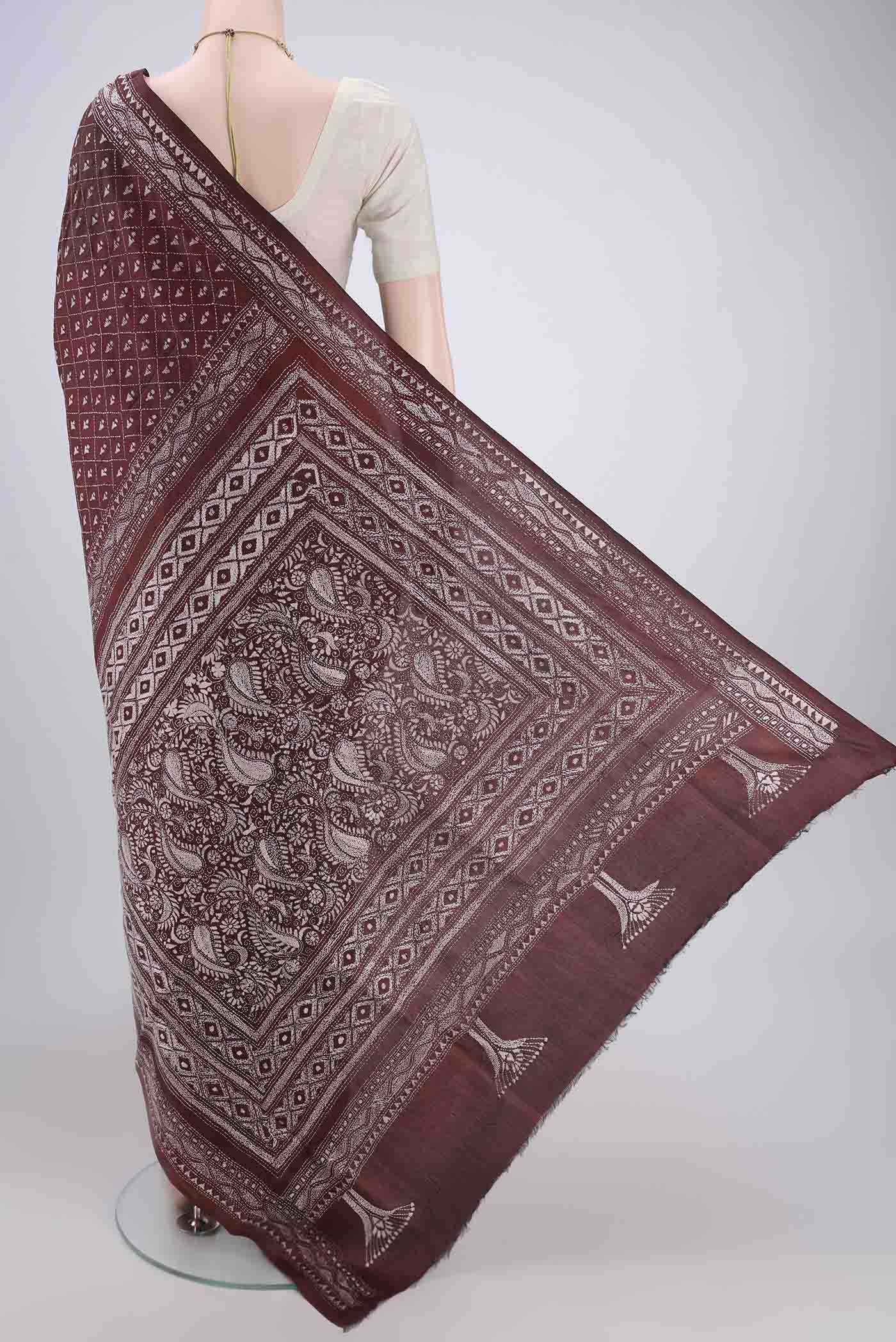 Flat view of Coffee Brown Kantha Silk Saree with Kantha Work on the body and Thread Border. 