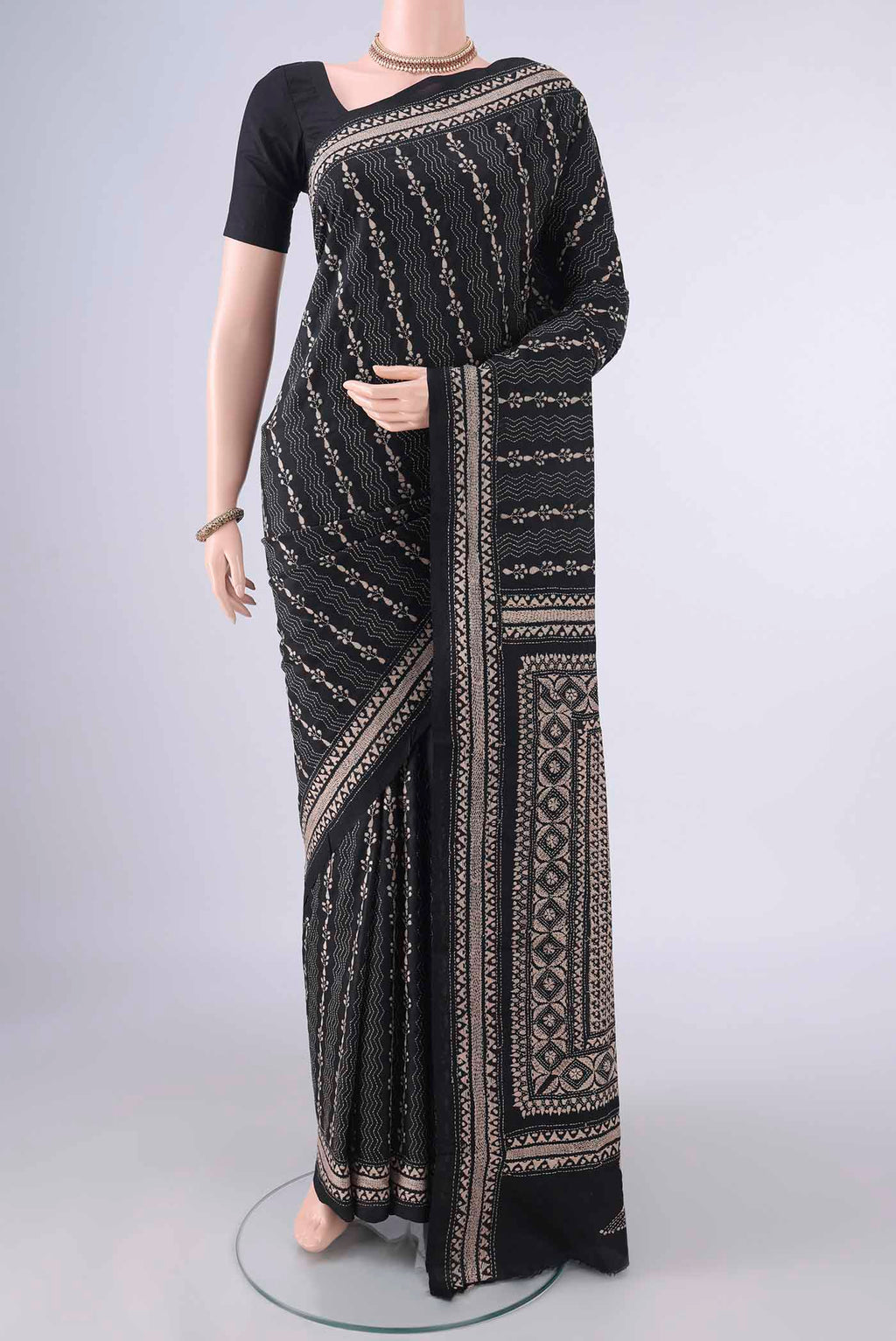 Pure Silk Black Kantha Saree with Kantha Work on the body and Thread Border.  displayed on a mannequin