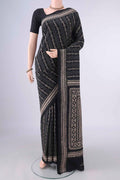 Pure Silk Black Kantha Saree with Kantha Work on the body and Thread Border.  displayed on a mannequin