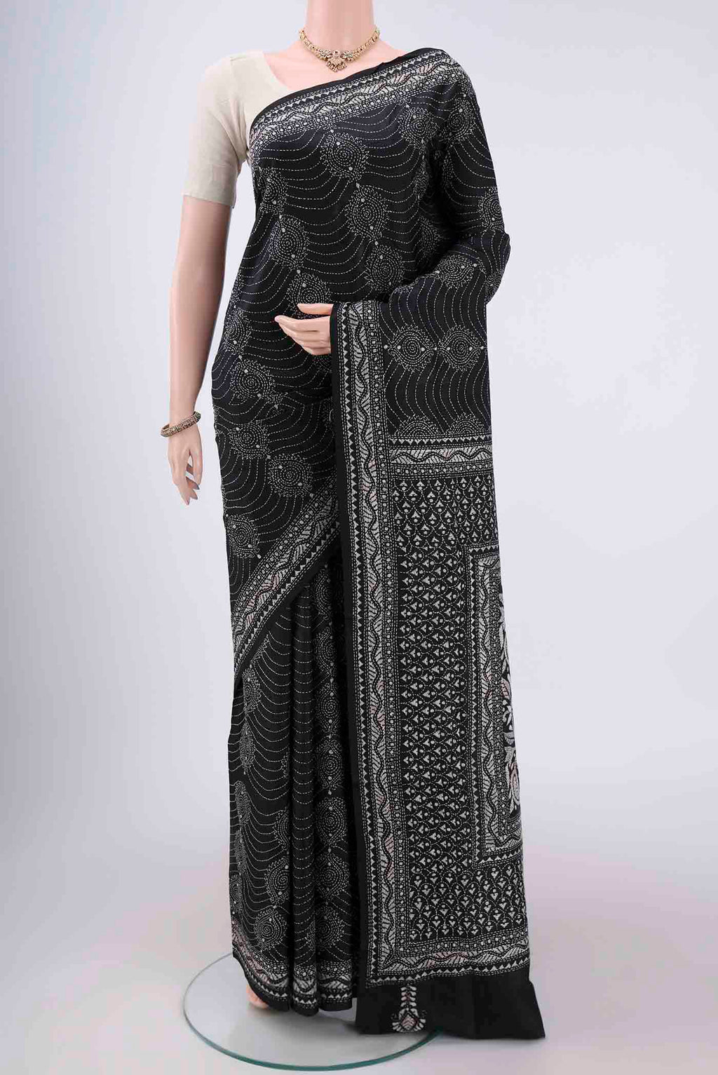 Black Kantha Silk Saree with Kantha Work on the body and Thread Border.  displayed on a mannequin