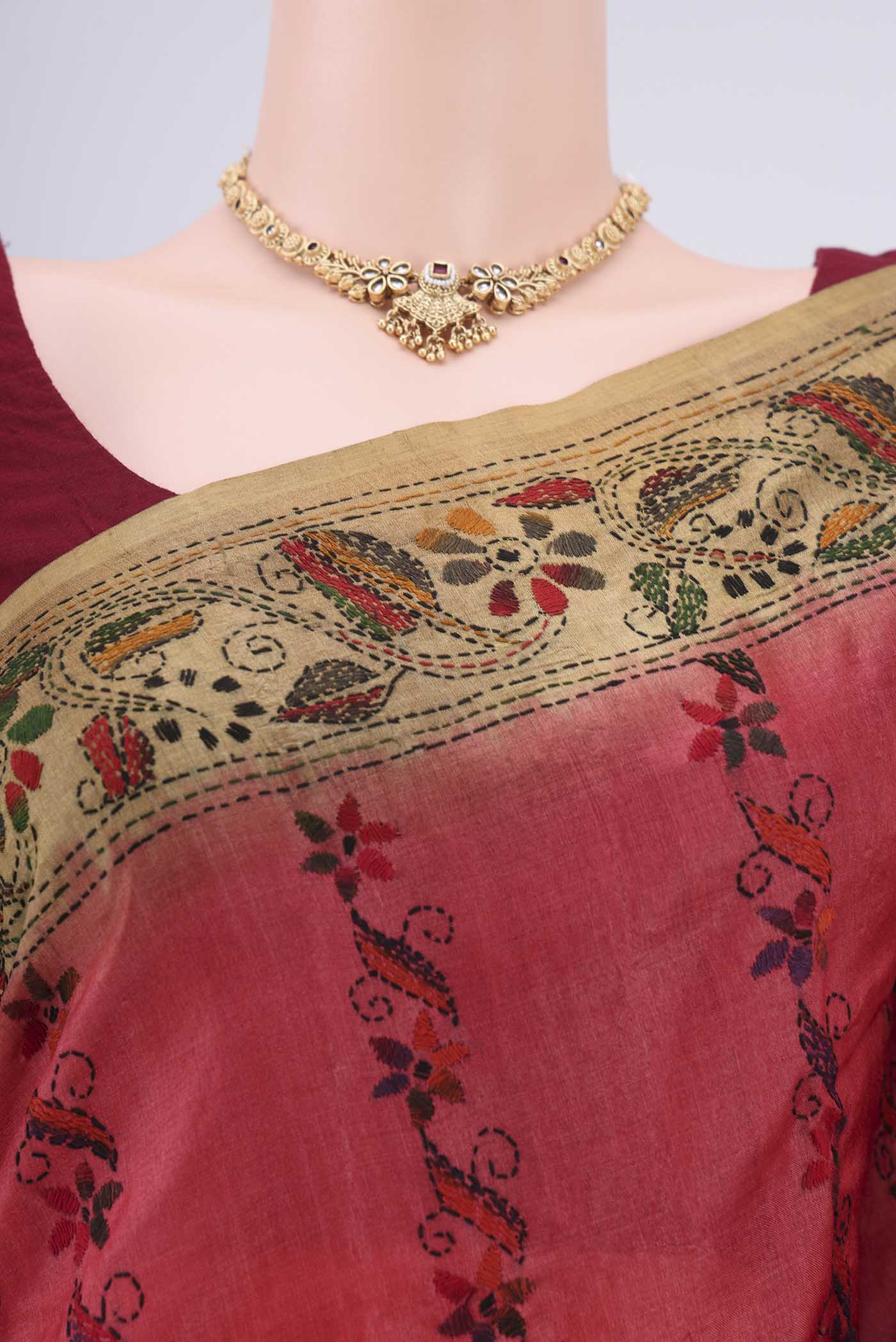 Border image of Dark Pink Kantha Silk Saree with Kantha Work on the body and Thread Border. 