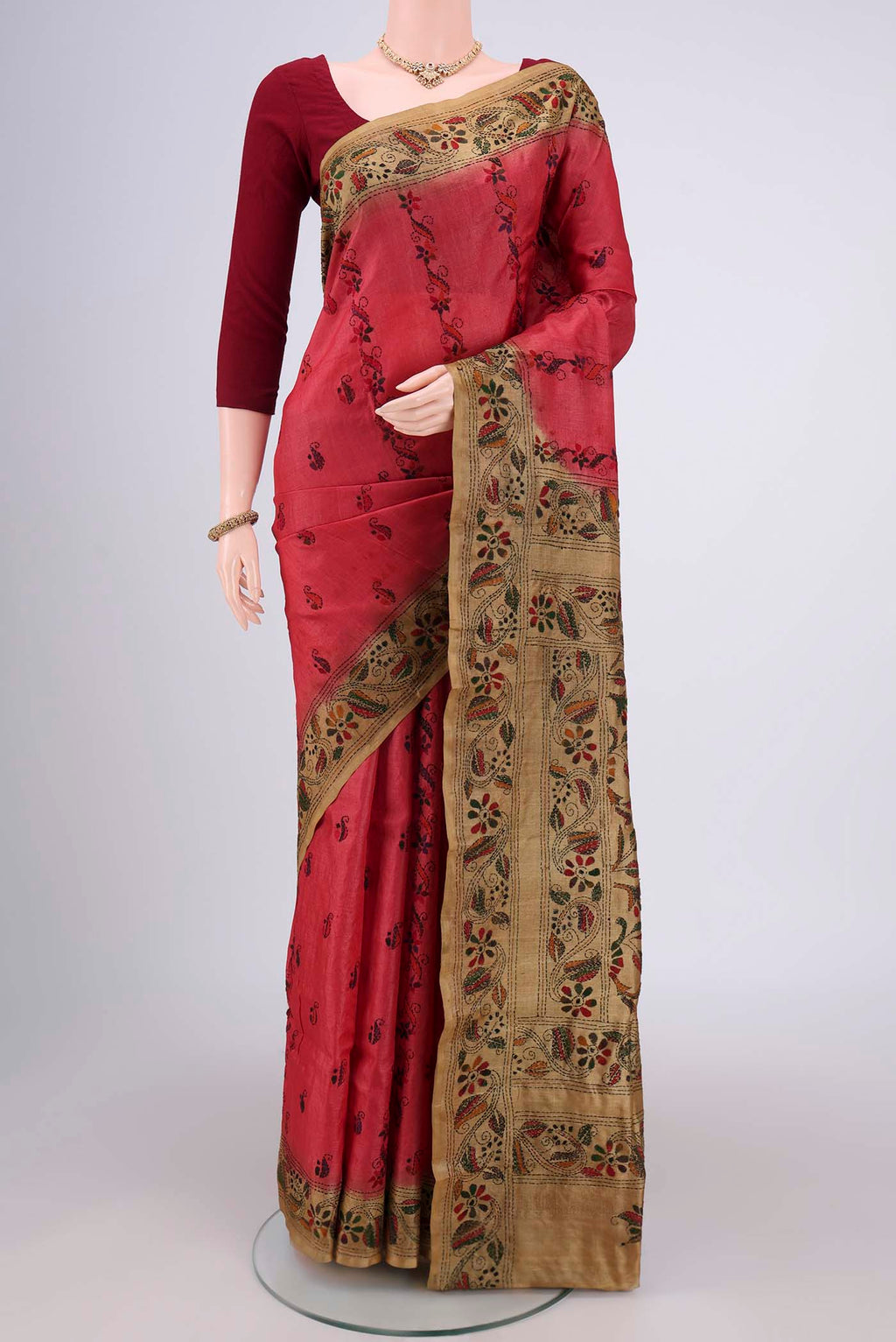 Dark Pink Kantha Silk Saree with Kantha Work on the body and Thread Border.  displayed on a mannequin