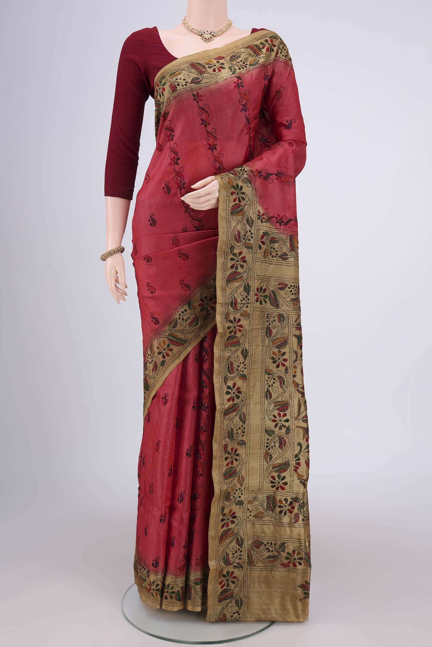 Dark Pink Kantha Silk Saree with Kantha Work on the body and Thread Border.  displayed on a mannequin