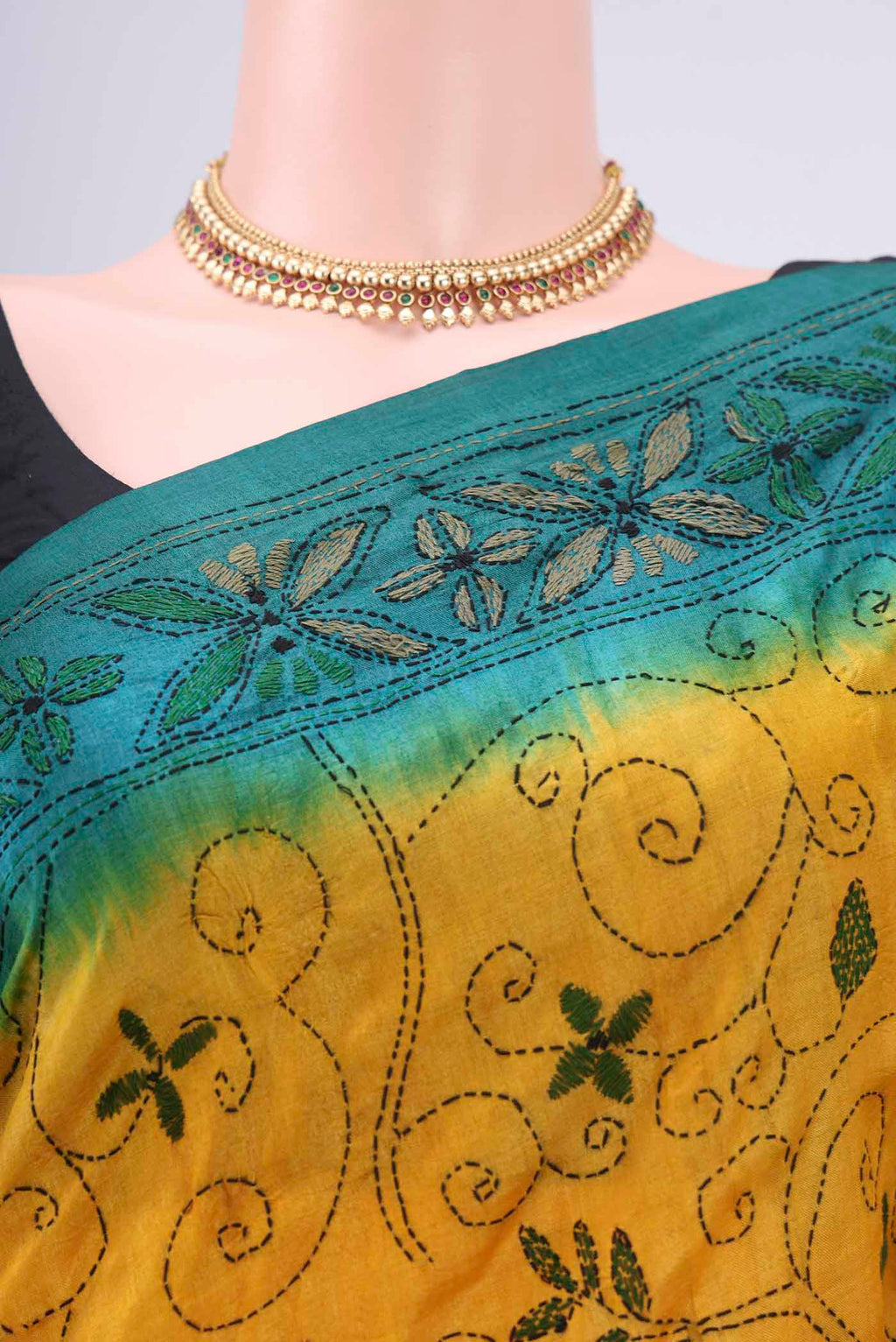 Border image of Yellow Kantha Silk Saree with Kantha Work on the body and Thread Border. 