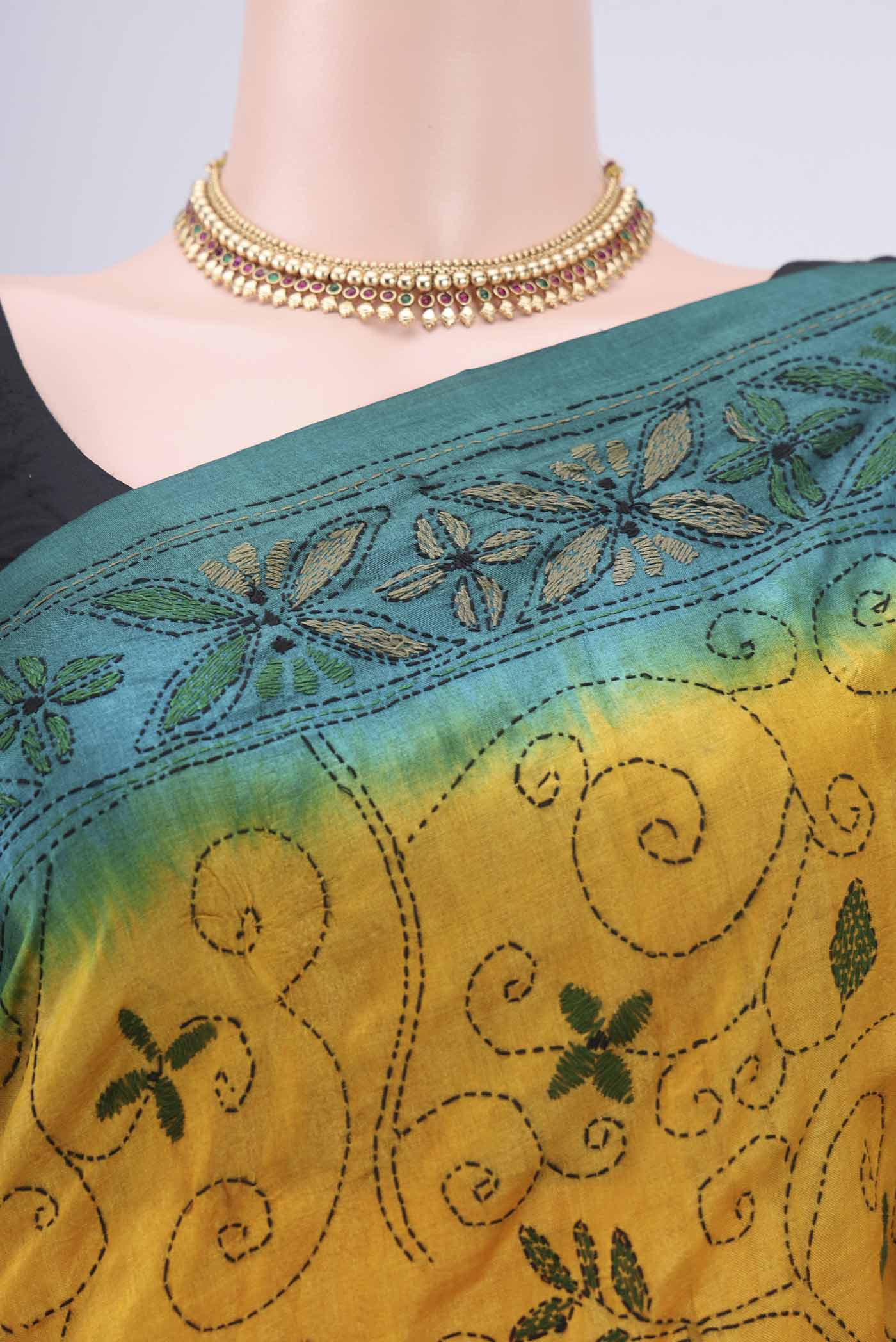 Border image of Yellow Kantha Silk Saree with Kantha Work on the body and Thread Border. 