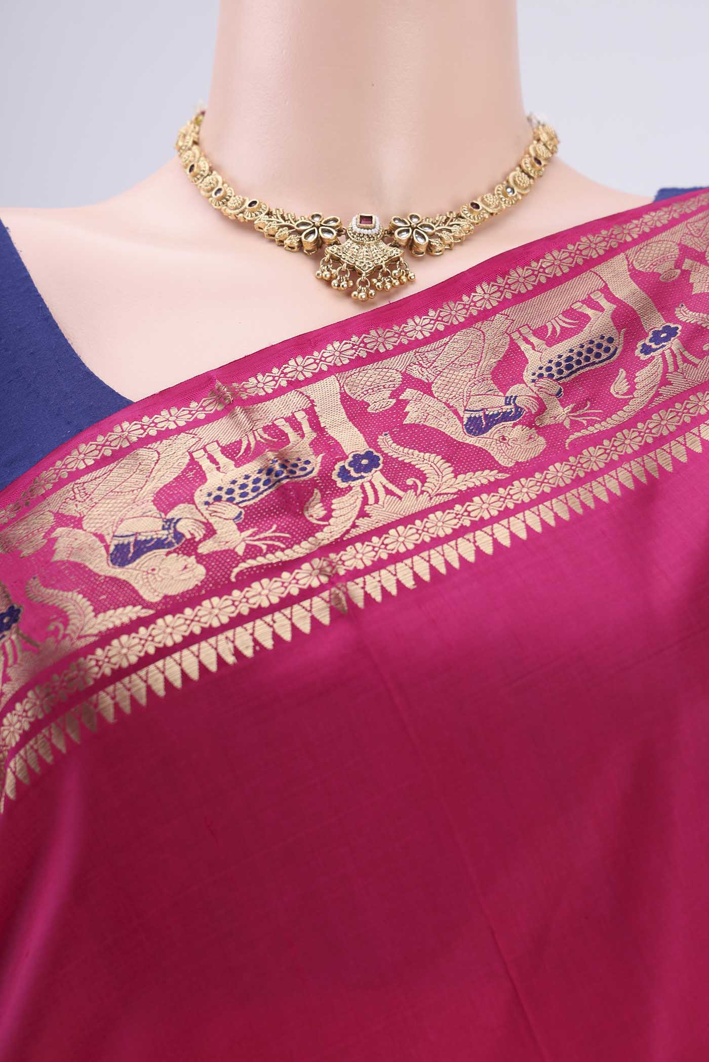 Border image of Rani Pink Baluchari Silk Saree with Zari And Thread Butta on the body and Zari And Thread Border. 
