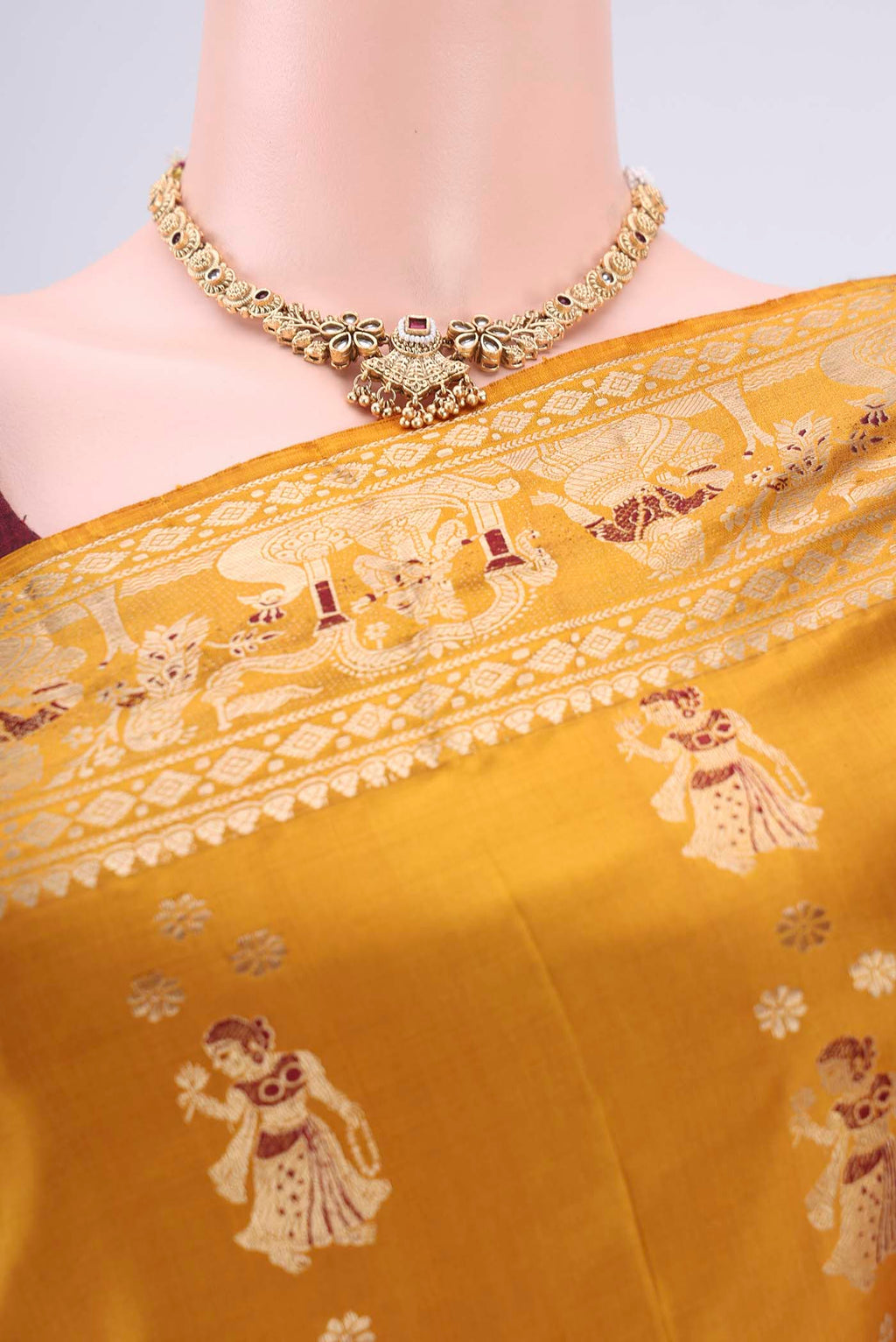 Border image of Mustard Baluchari Silk Saree with Zari And Thread Butta on the body and Zari And Thread Border. 