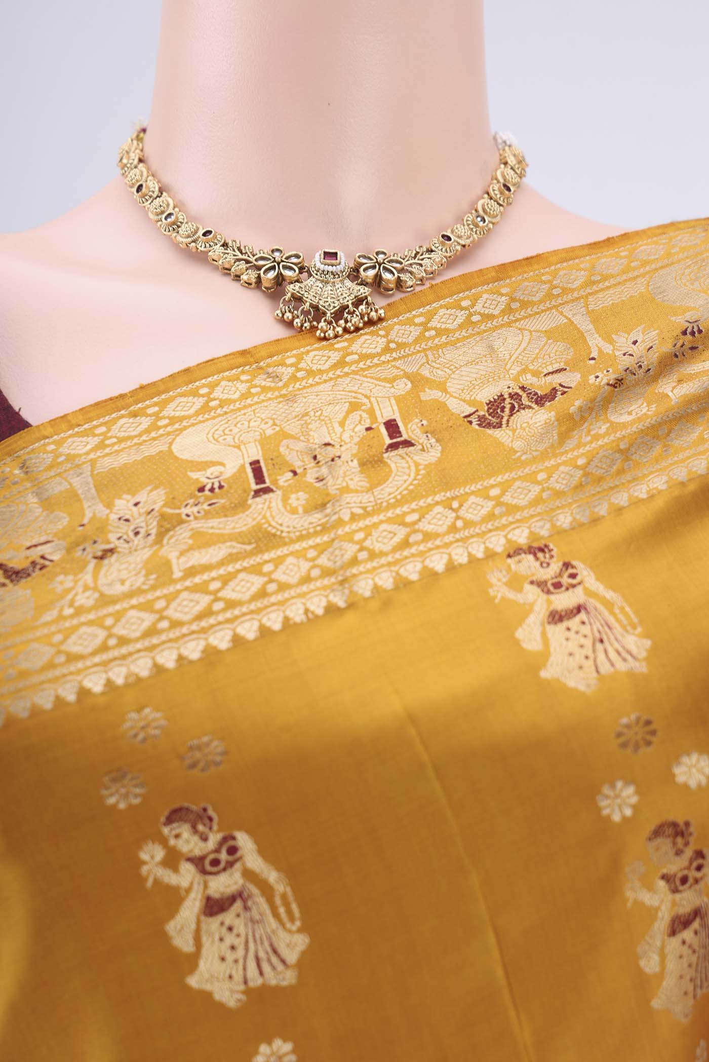 Border image of Mustard Baluchari Silk Saree with Zari And Thread Butta on the body and Zari And Thread Border. 