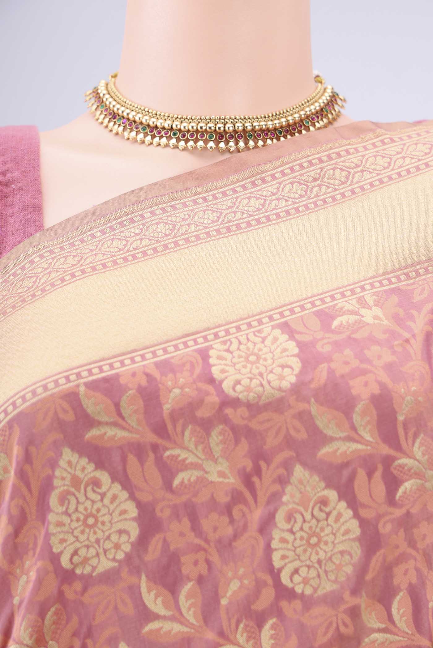 Border image of Rose Gold Banarasi Silk Saree with Jacquard With Zari Butta on the body and Zari Border. 